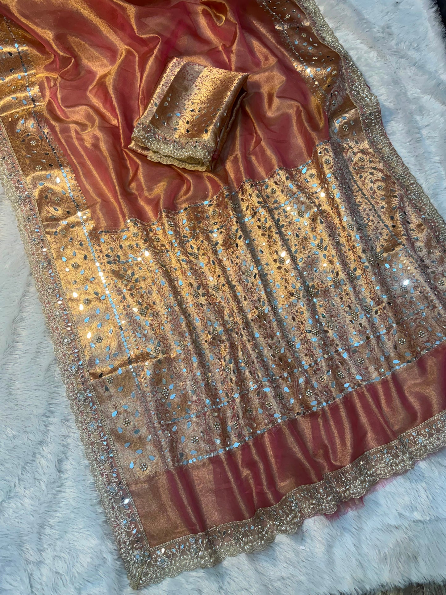 Mirror bloom saree partywear saree wedding sari blouse SaffronFashion