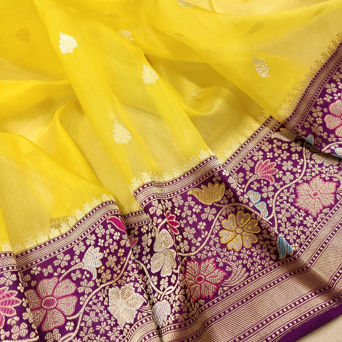 Kivara yellow Meenakari handwoven kora sarees - Saffronfashionindia