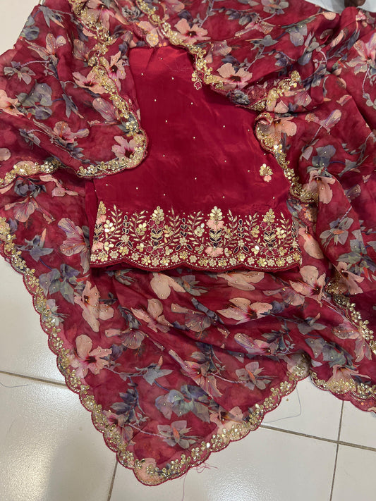 Red floral organza punjabi salwar suit - Saffronfashionindia
