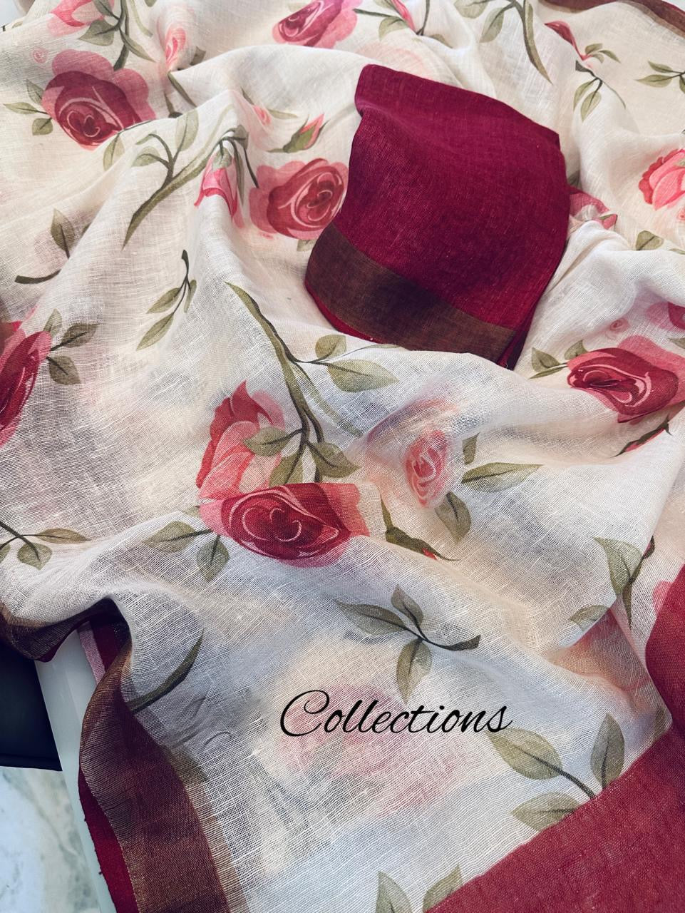 Floral Handwoven linen saree digital print sarees - Saffronfashionindia
