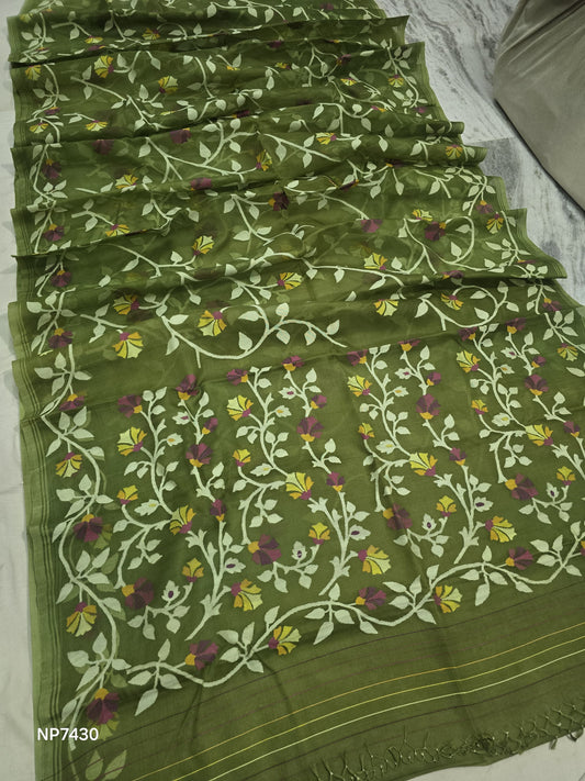 Green muslin Tantuj saree Jamdani saree Indian saree blouse - Saffronfashionindia