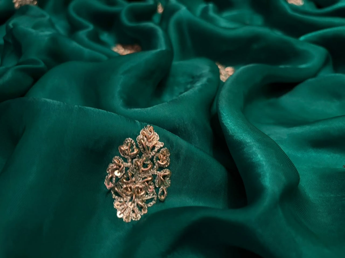 Green premium crepe satin silk saree designer inspired sarees blouse Saffronfashionindia