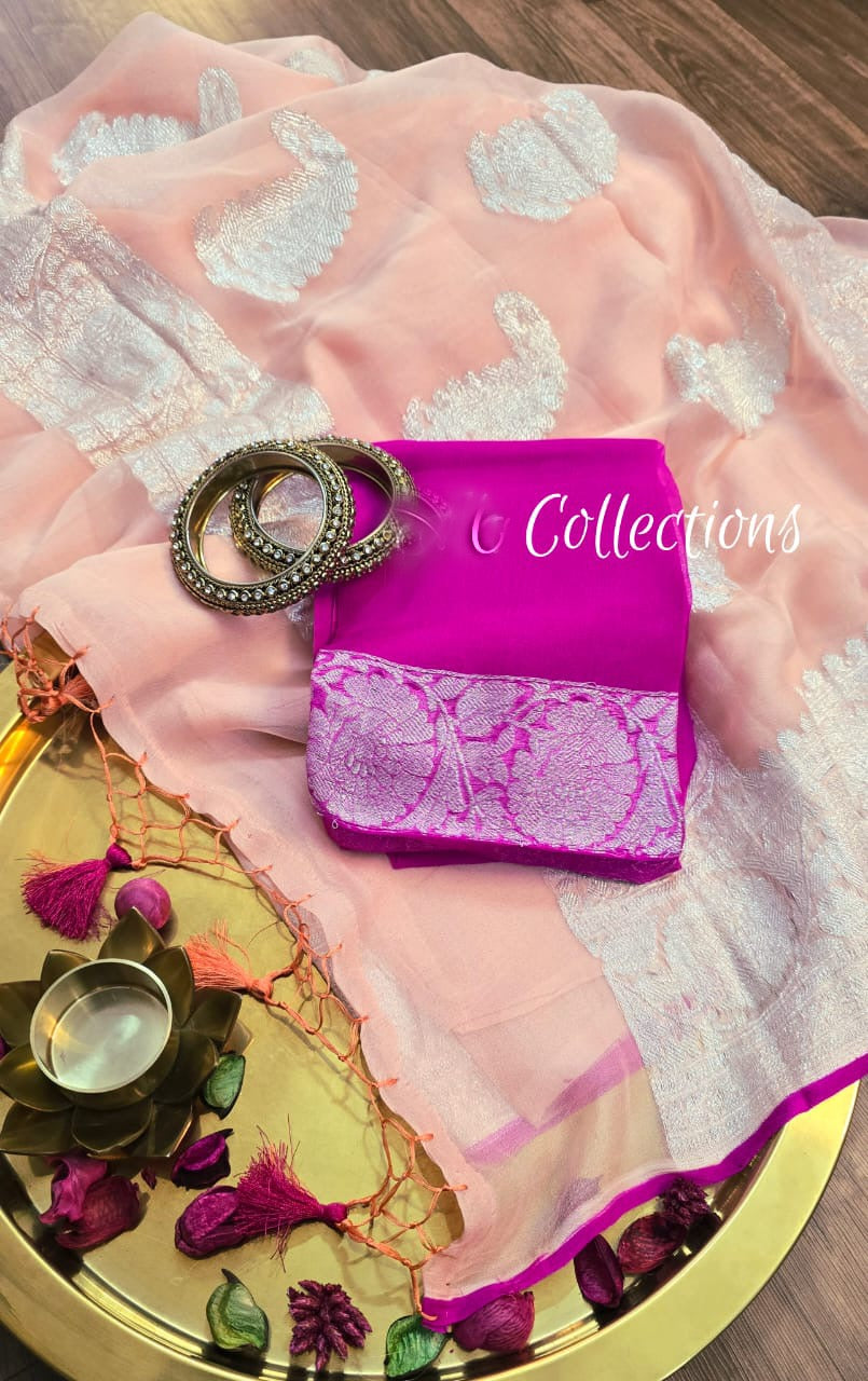 Peach Chiffon saree Banarsi handwoven sarees SaffronFashion