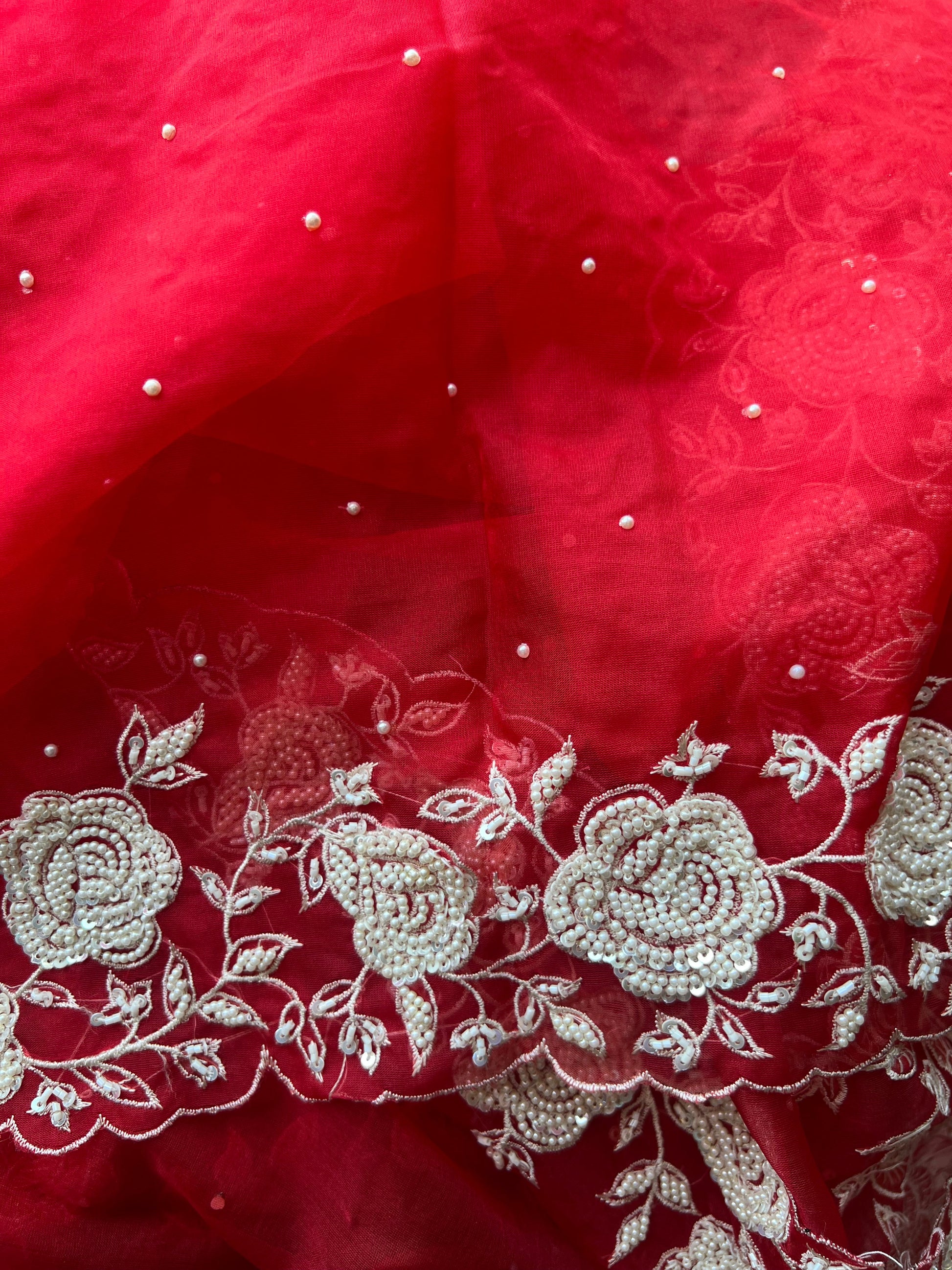 Red pearl bridal saree organza saree reception saree blouse SaffronFashion