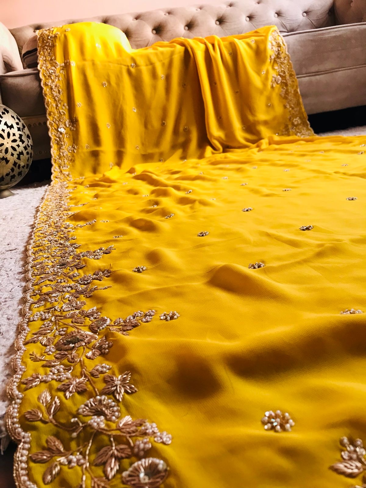 Luxurious Yellow Premium Gorgette Vintage Sarees - Saffronfashionindia