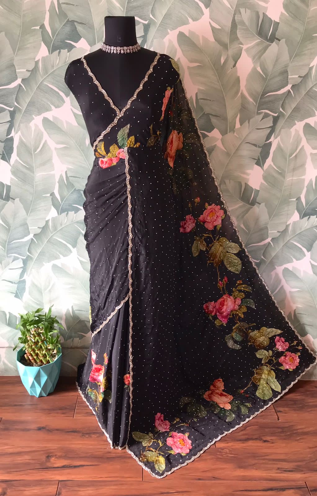 Black premium saree Chinon silk saree partywear women sarees blouse SaffronFashion
