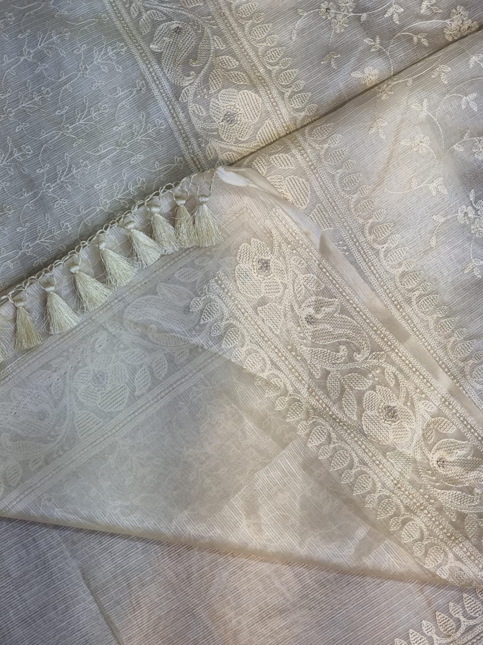 White tussar Kora saree zari silk sarees blouse - Saffronfashionindia