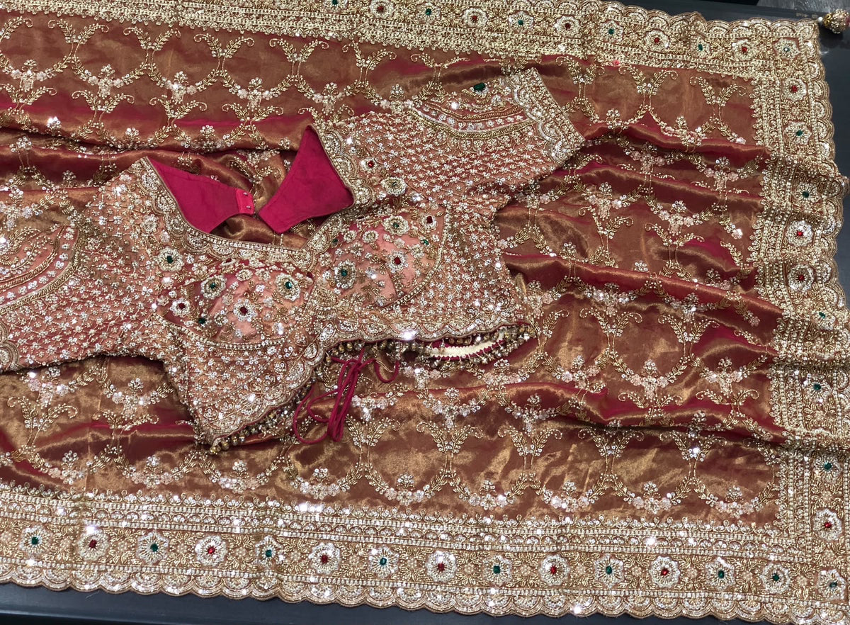 Bridal Silk Saree in Rust Copper | Heavy Embroidered Wedding Saree | Indian Wedding Saree | Designer Banarasi Style Saree | Festive Saree SaffronFashion