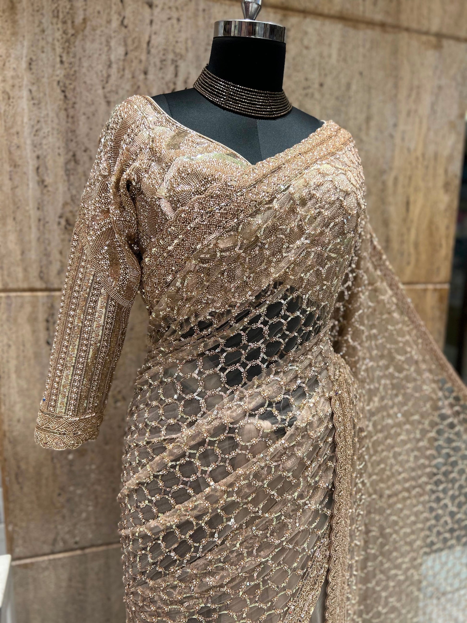 Champagne Gold Sequin Saree | Indian Party Wear Saree | Shimmer Embellished Saree | Wedding Reception Saree | Glamorous Designer Saree for Women Saffronfashionindia