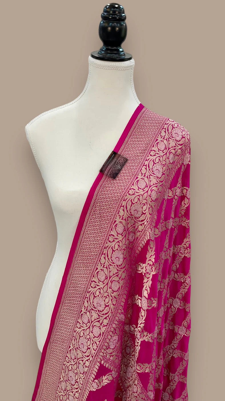 Pink Gorgette Khaddi dupatta waterzari dupatta - Saffronfashionindia