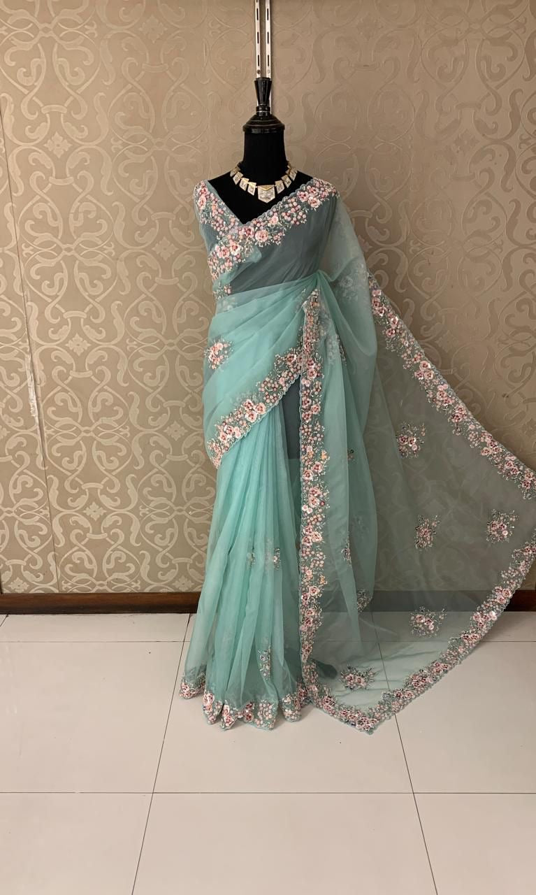 Oluquent organza saree Partywear saree blouse - Saffronfashionindia