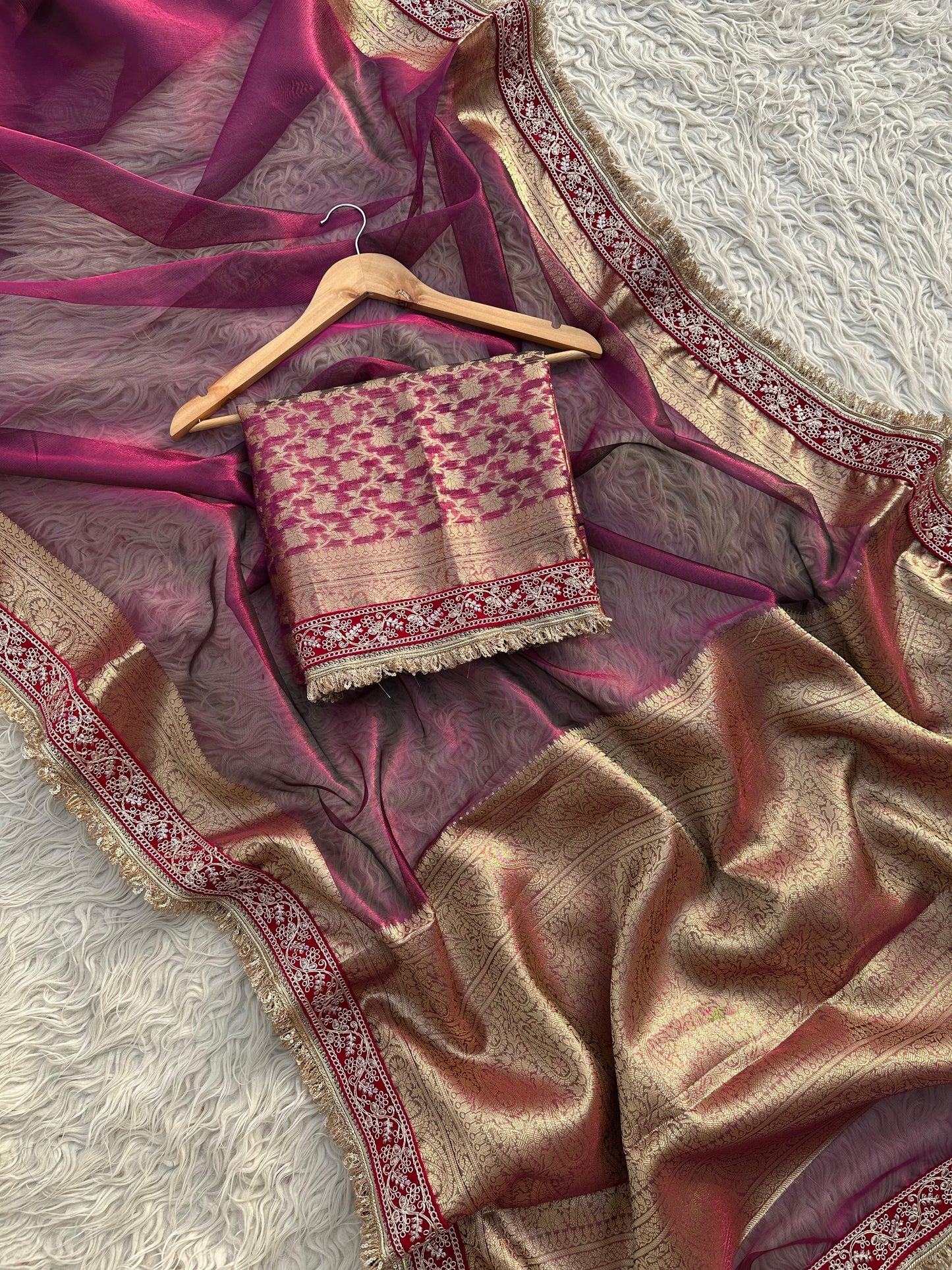 Tissue Jaquard saree party wear women sari blouse SaffronFashion