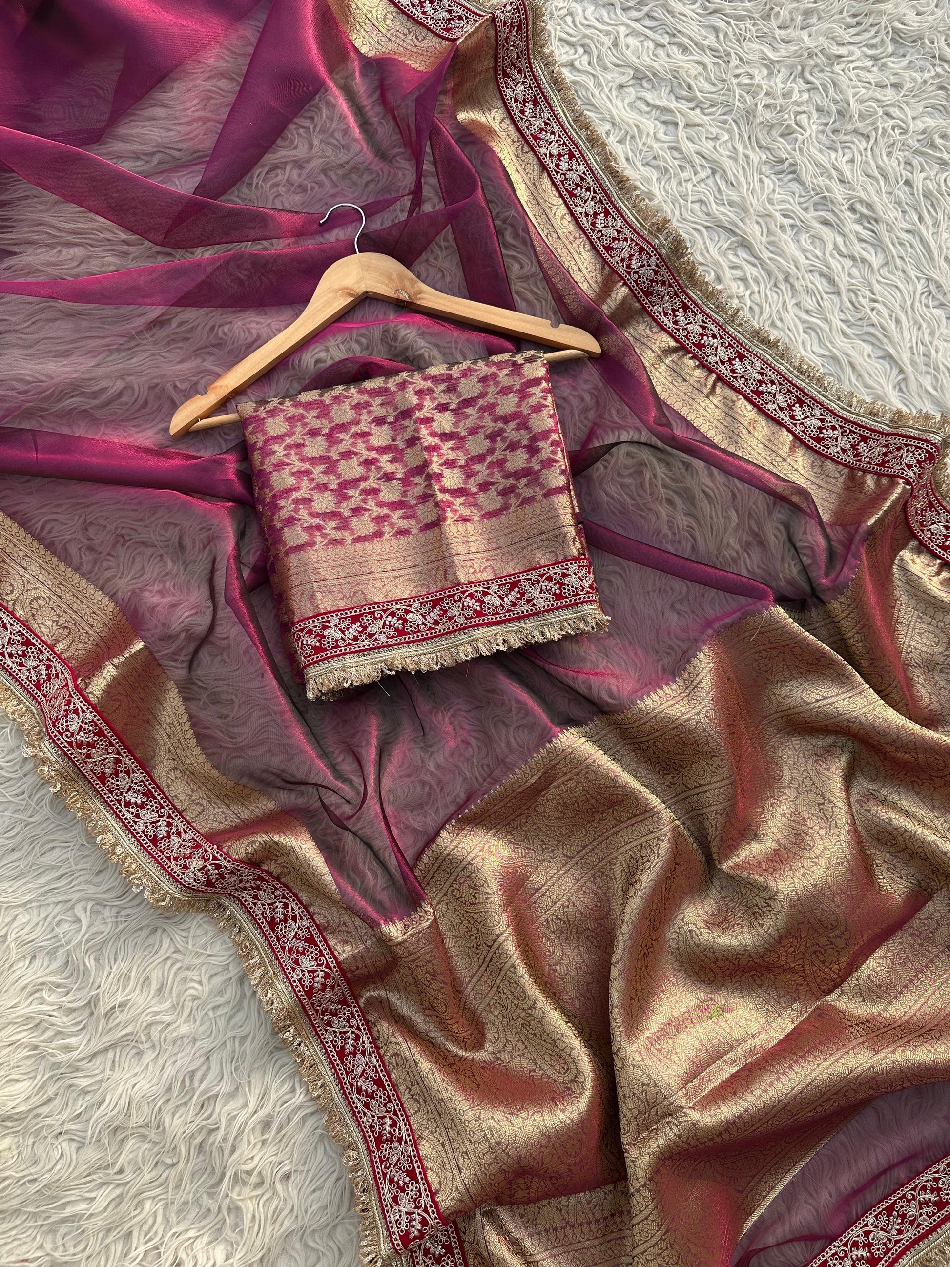 Tissue Jaquard saree party wear women sari blouse SaffronFashion