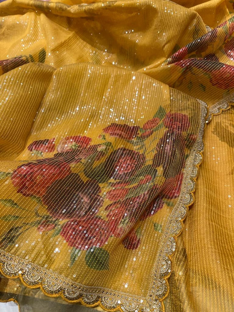 Digitally printed organza floral sarees - Saffronfashionindia
