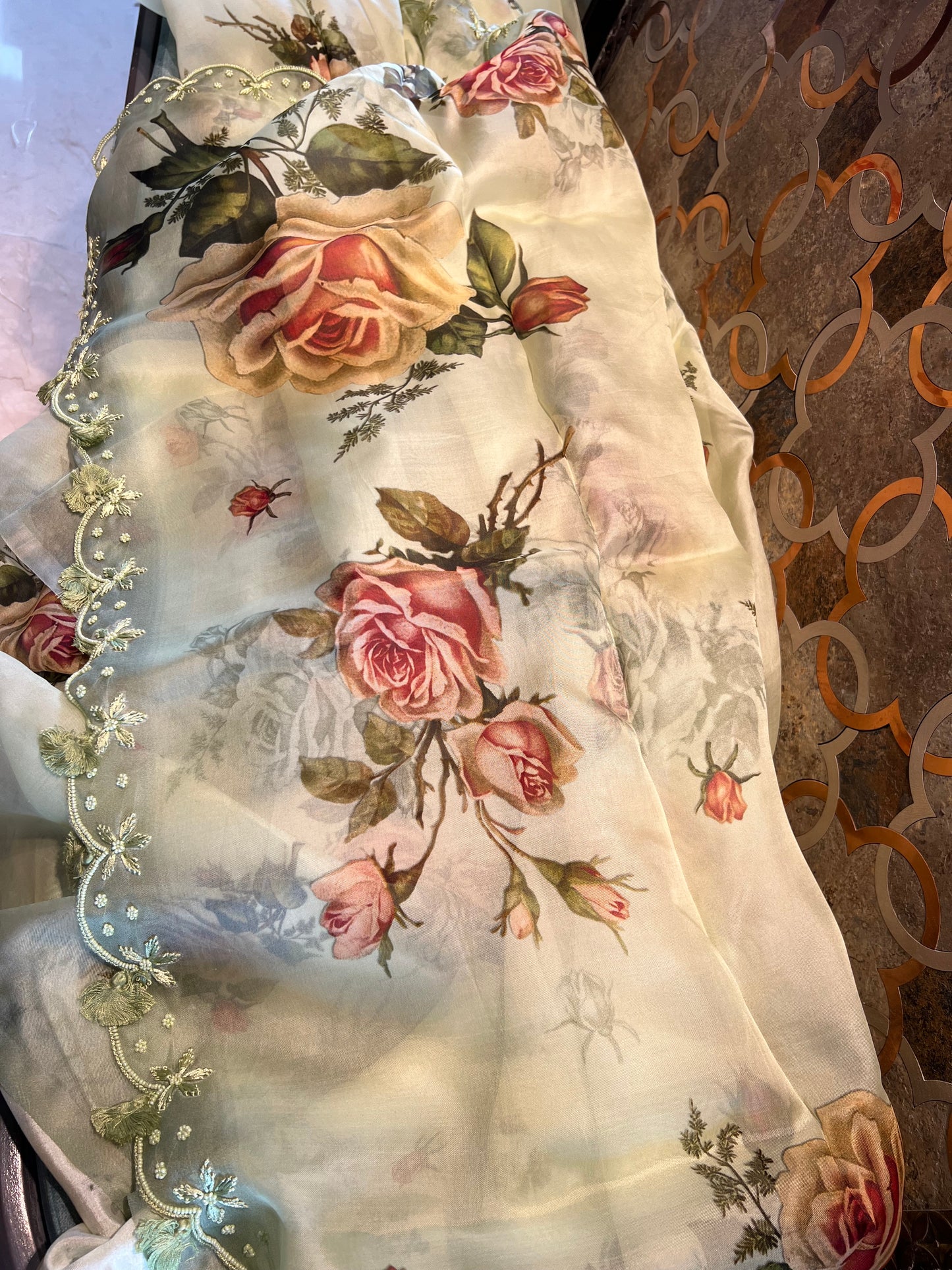 Digital printed Organza Floral Saree Partywear sari - Saffronfashionindia