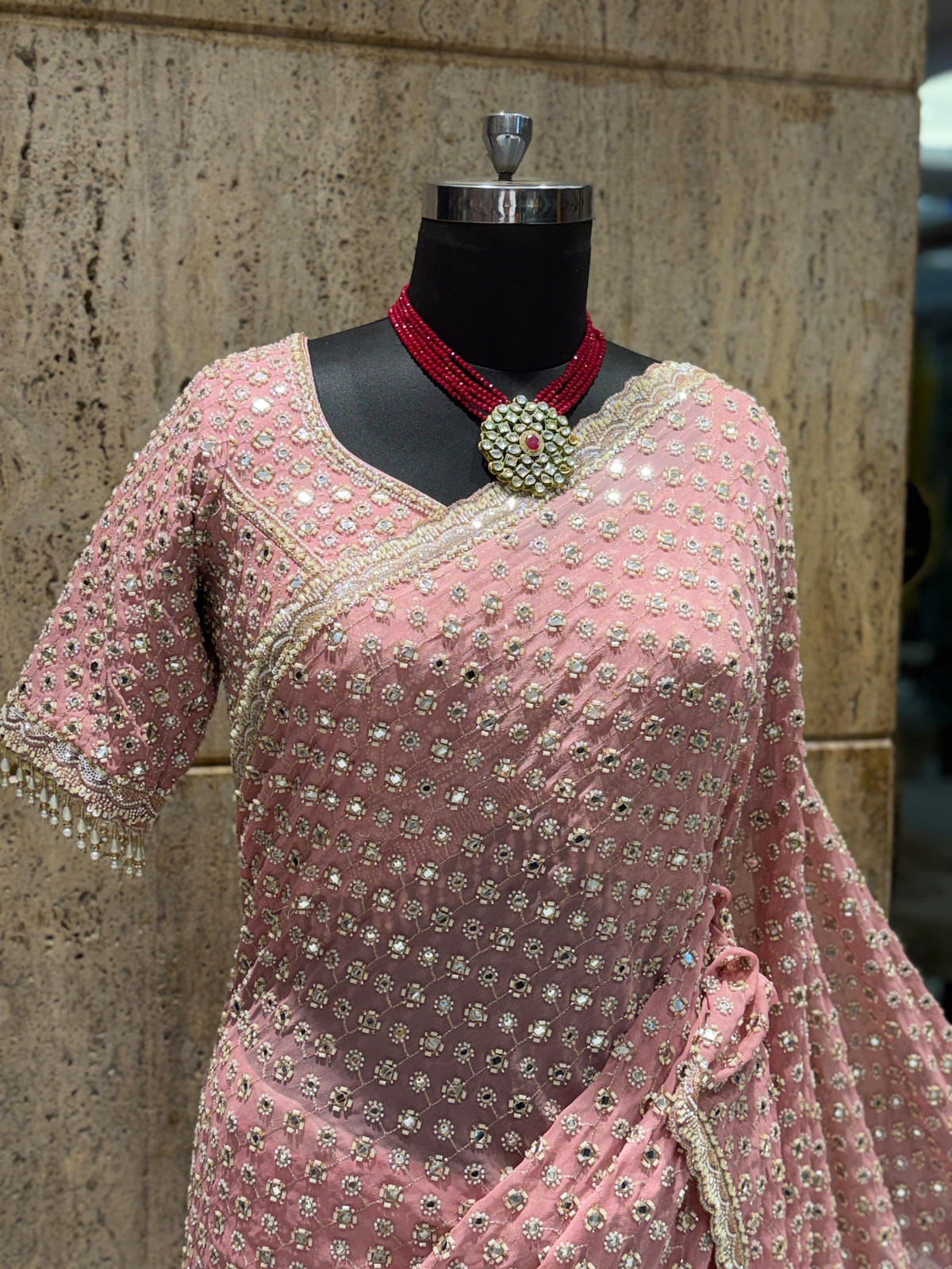 Pink Designer Sequin Embroidered Georgette Saree with Embellished Border & Blouse SaffronFashion