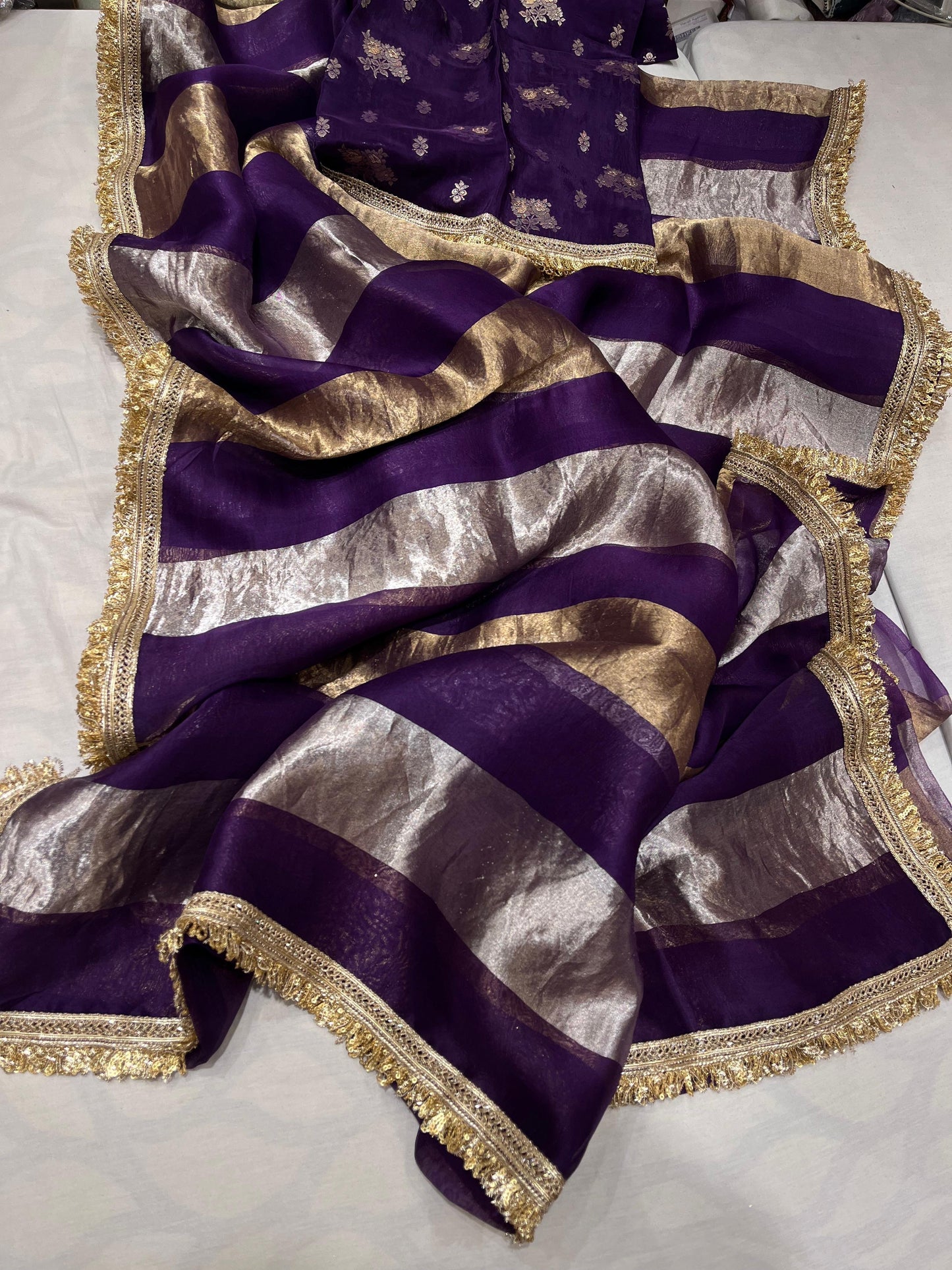 Striped Tissue Organza Saree Partywear Sari - Saffronfashionindia