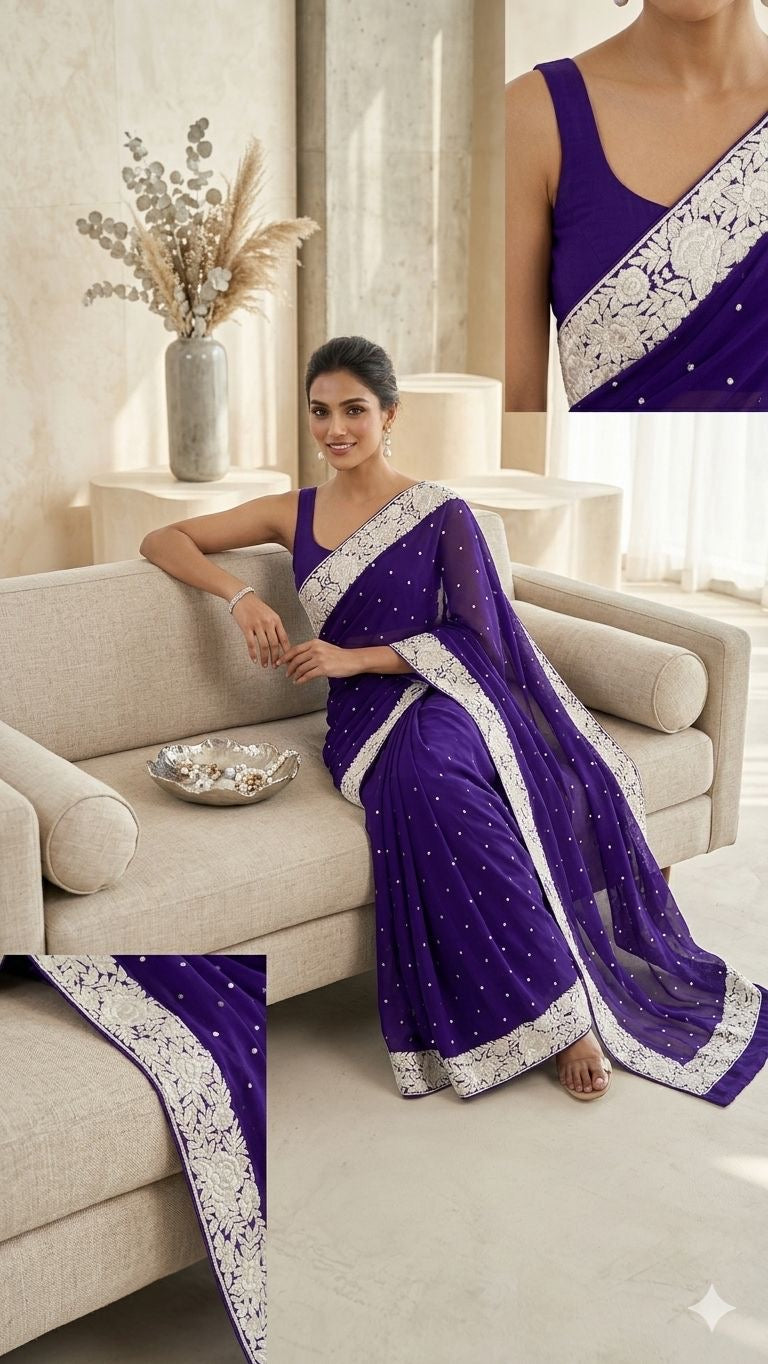 Parsi border saree gorgette saree Indian sari blouse SaffronFashion