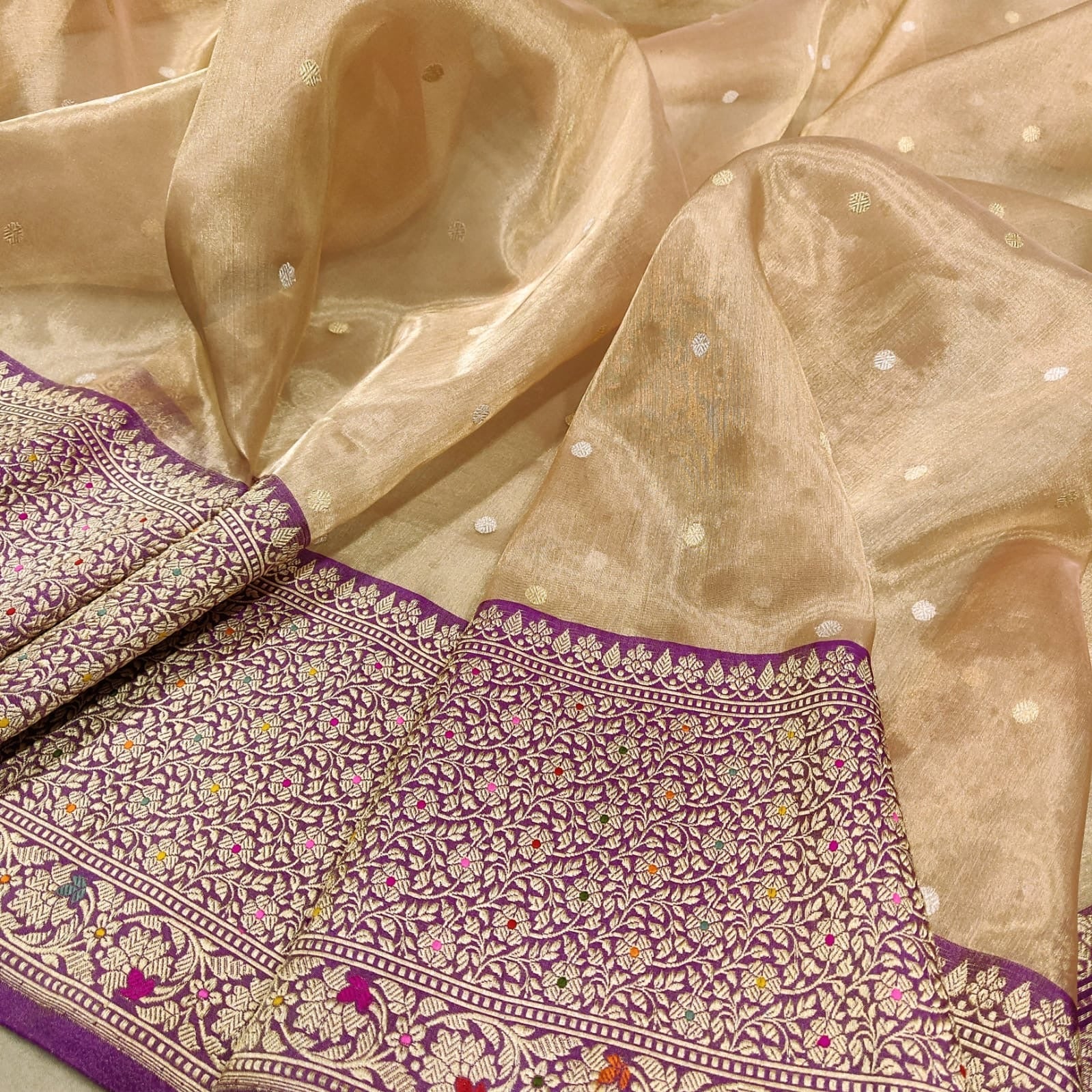 Mahiva Tissue silk saree handwoven saree Zari booties sari blouse SaffronFashion