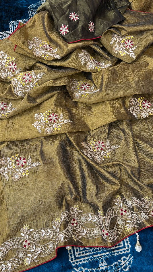Handwoven Zari Saree Crush Tissue saree Indian sari - Saffronfashionindia