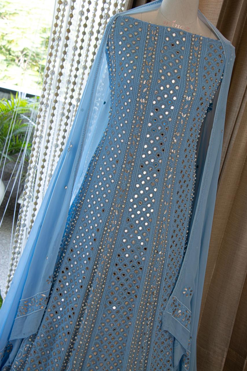 Cruise blue Chikankari Lucknowi Dress - Saffronfashionindia
