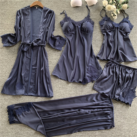 Pajamas Women's Spring Summer Imitated Silk Pajamas Five-piece Set - Saffronfashionindia