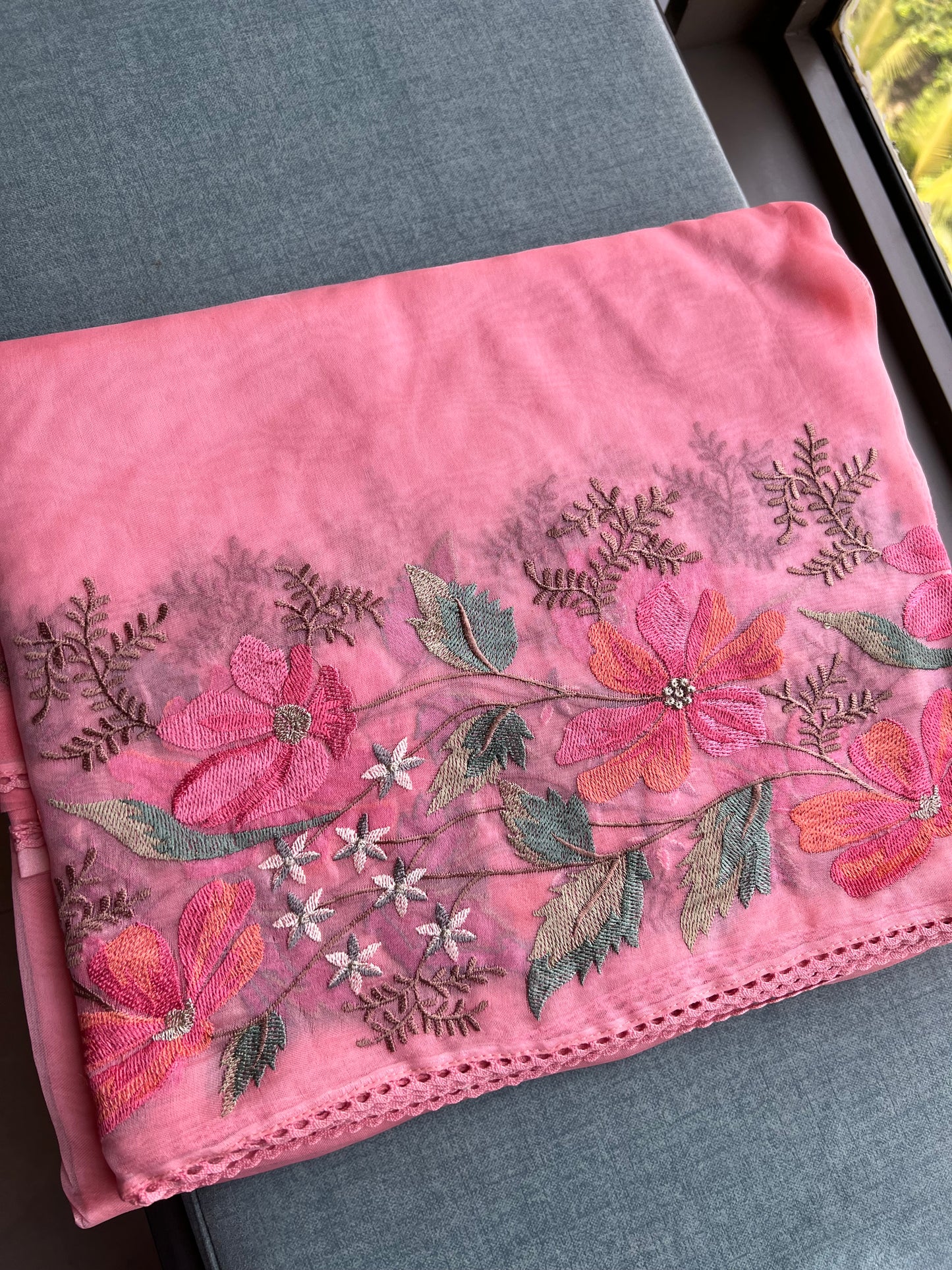 Pink sari floral saree embroidery sarees blouse - Saffronfashionindia