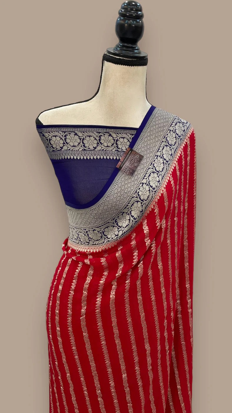 Banarsi saree water Zari Khaddi Gorgette saree blouse - Saffronfashionindia