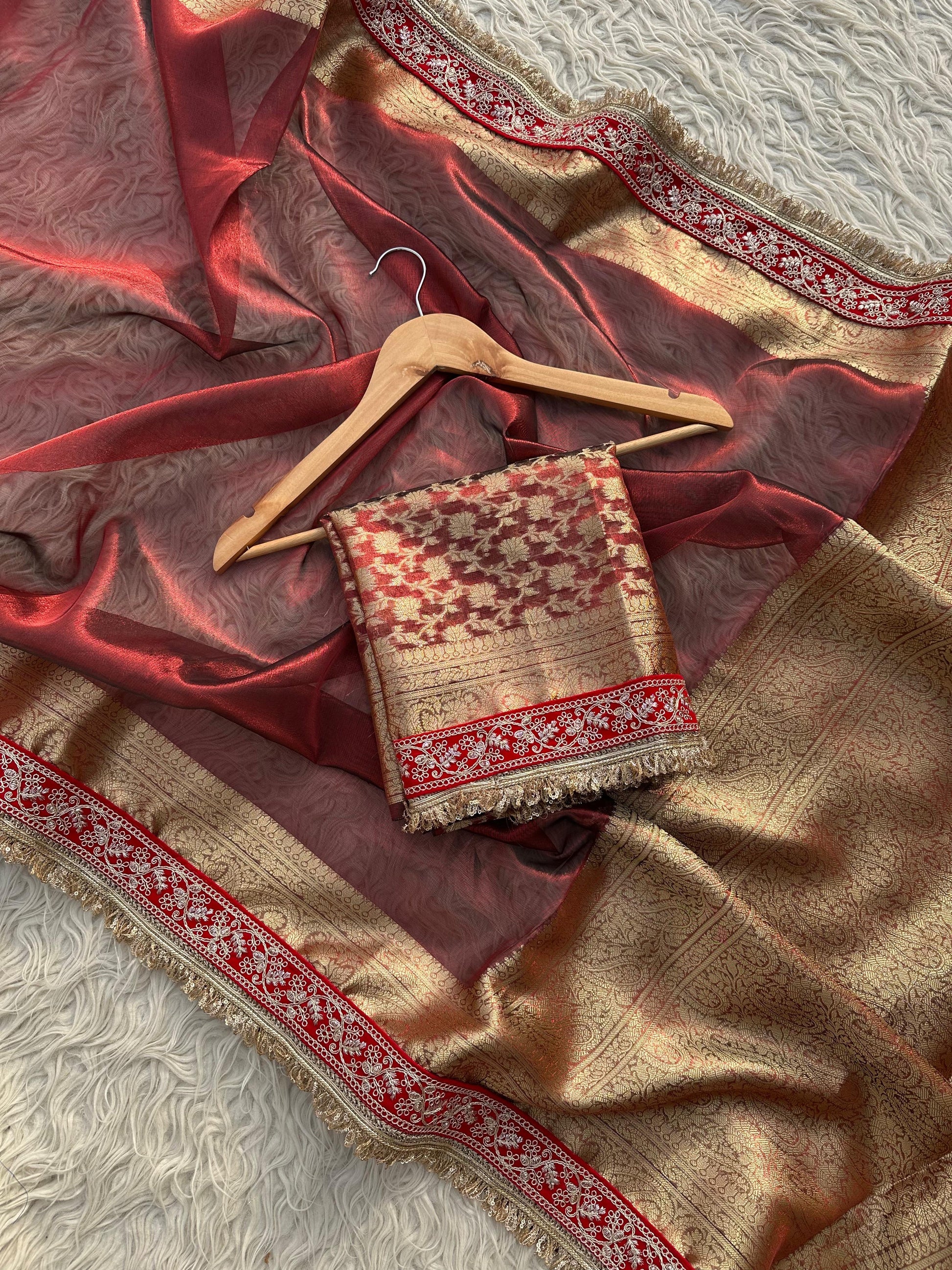 Tissue Jaquard saree party wear women sari blouse SaffronFashion