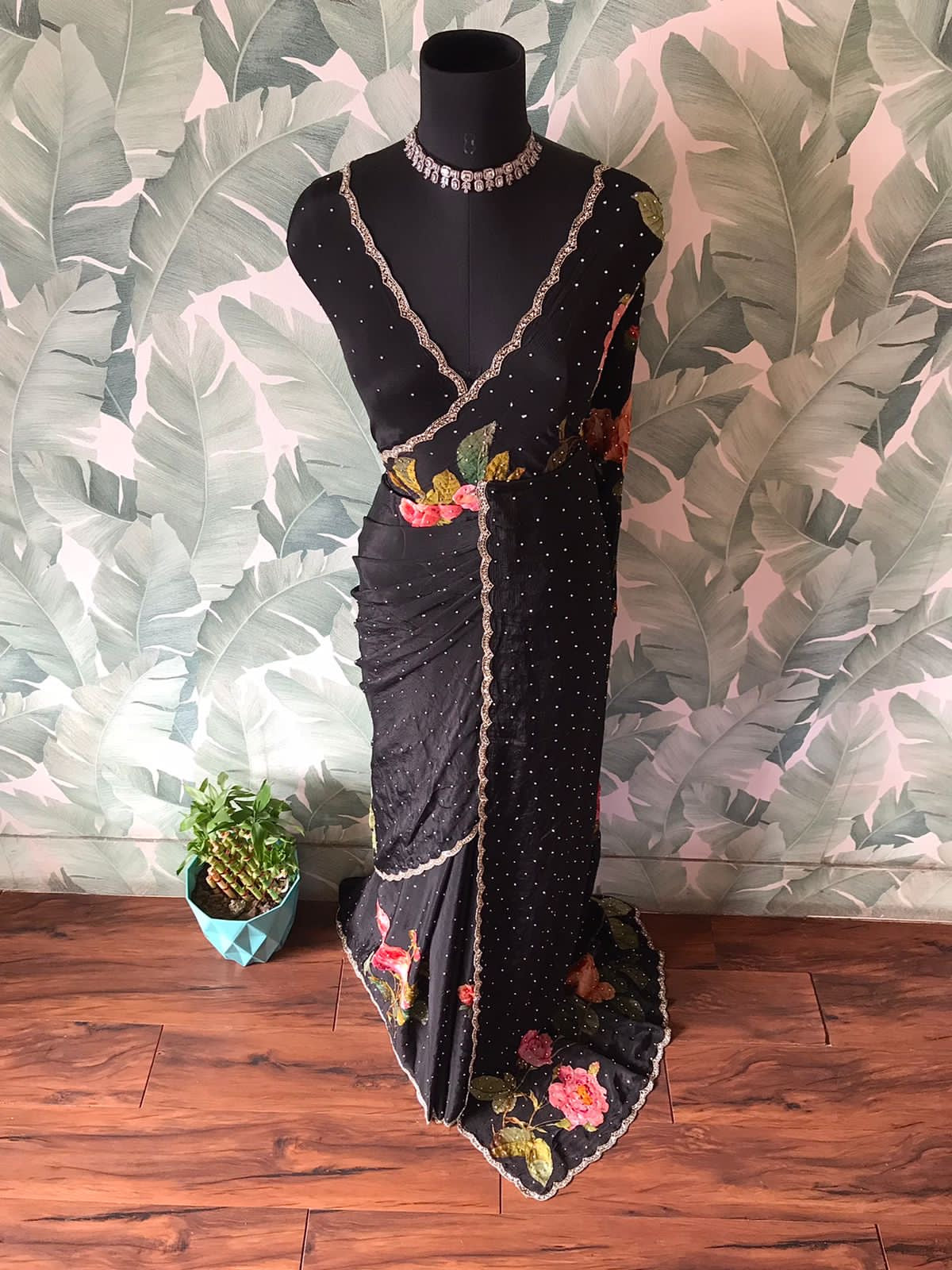 Black premium saree Chinon silk saree partywear women sarees blouse SaffronFashion