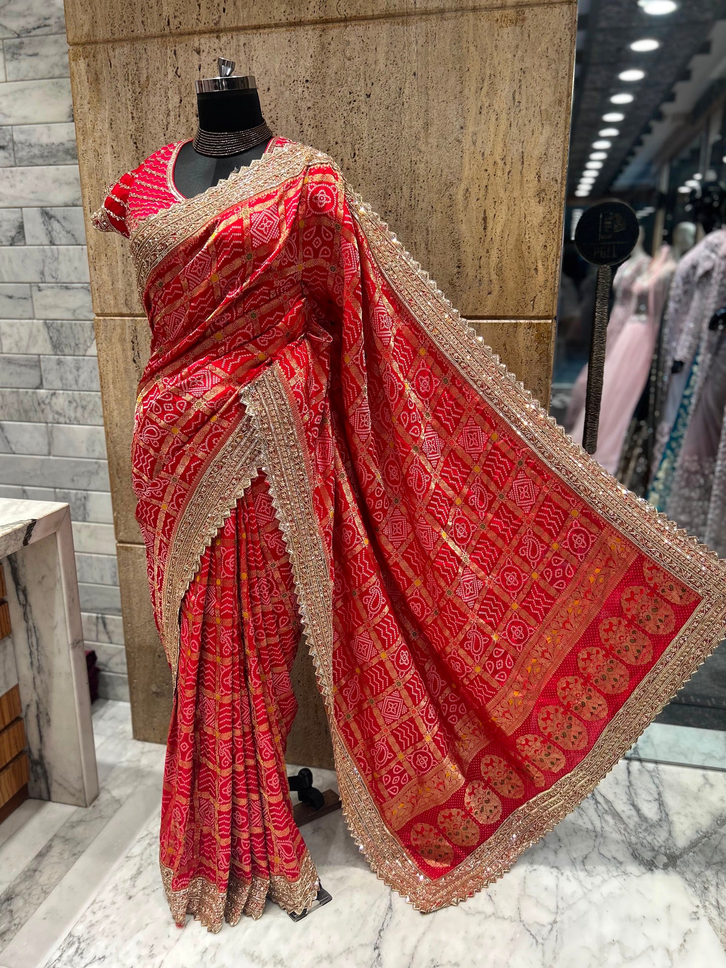 Red Bandhej saree Indian  sari blouse traditional sarees SaffronFashion