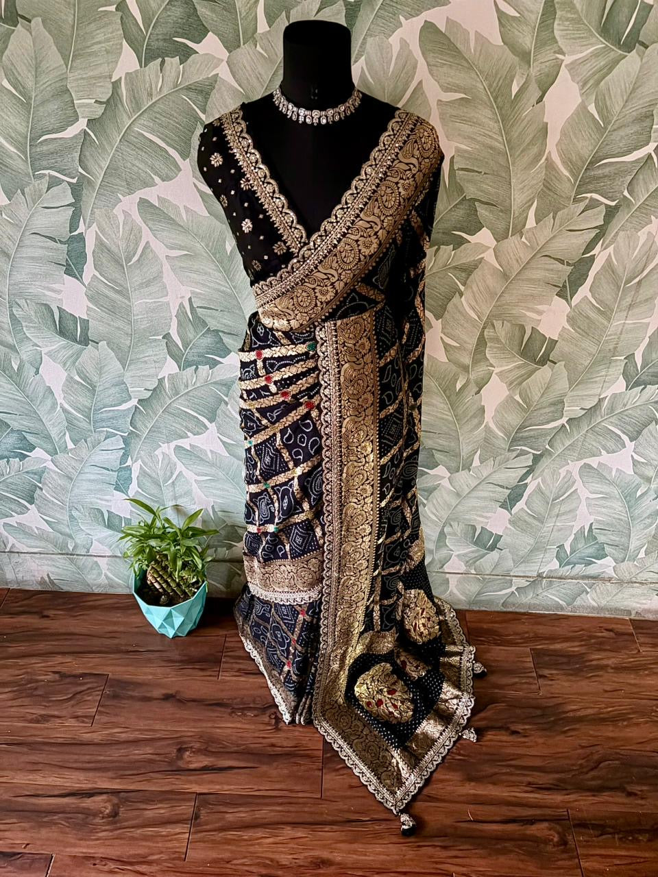 Black bandhani saree premium Banarsi saree gorgette sari blouse Saffronfashionindia