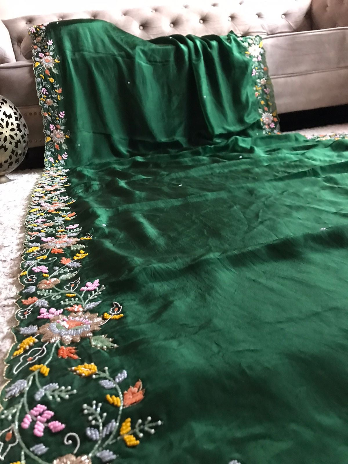 Embroidered Saree Green Premium Satin Organza Saree - Saffronfashionindia