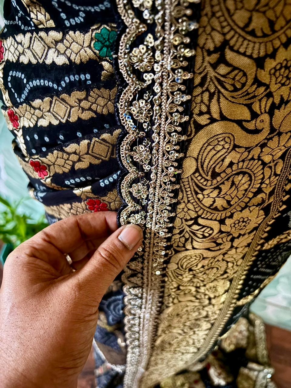 Black bandhani saree premium Banarsi saree gorgette sari blouse Saffronfashionindia