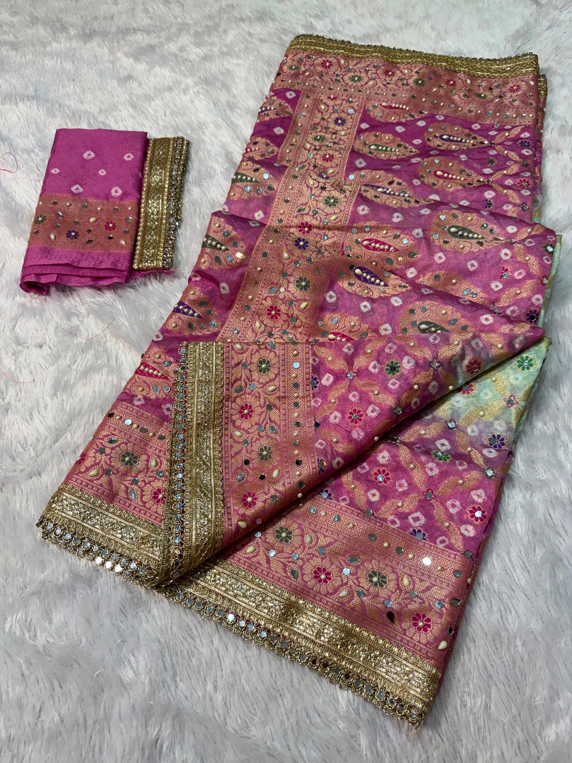 Banarsi soft Bandhej silk saree Indian saree women sari blouse SaffronFashion