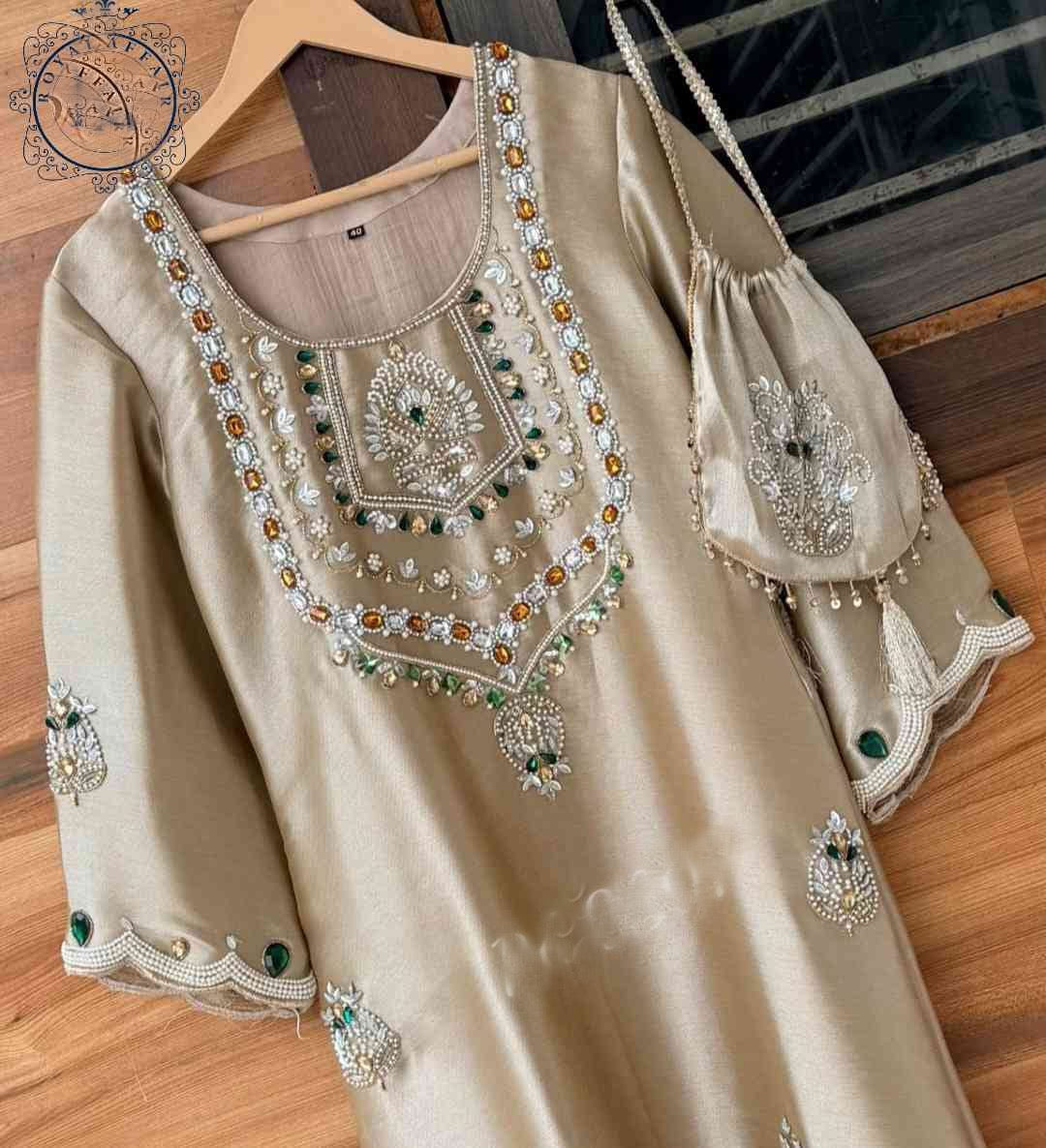 Hand embroidered designer dress partywear shirt dress with potli SaffronFashion