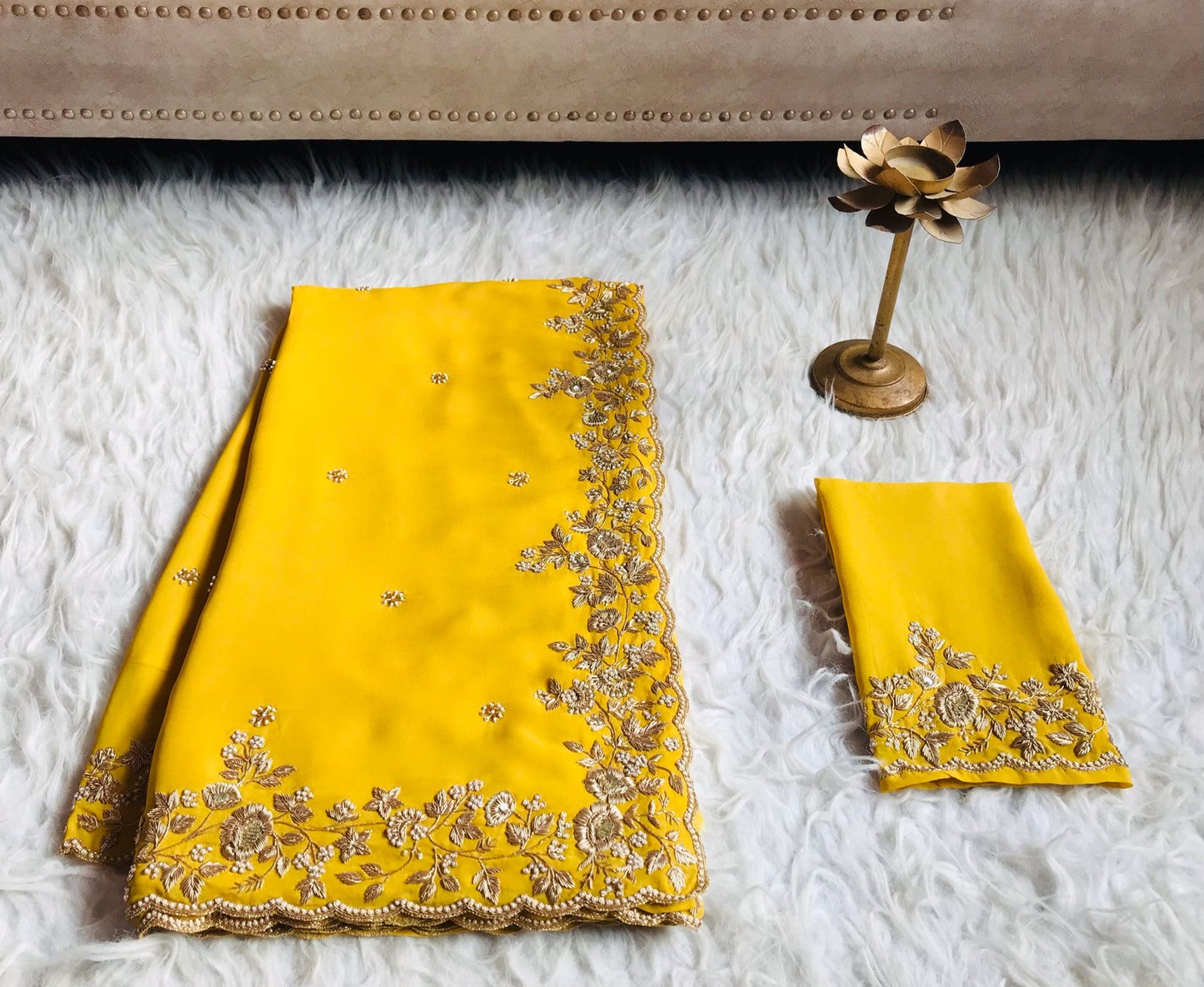 Luxurious Yellow Premium Gorgette Vintage Sarees - Saffronfashionindia