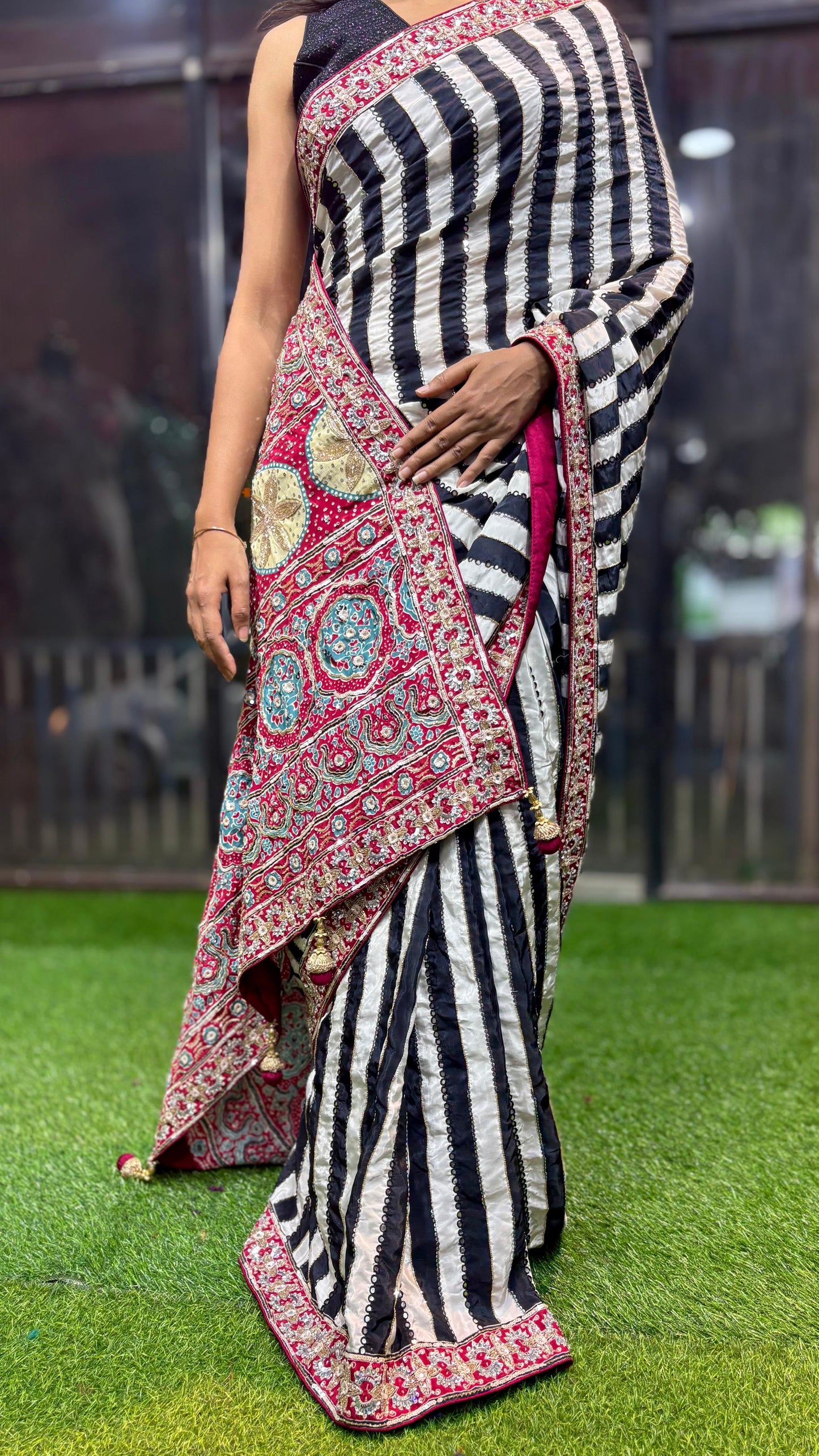 Ajrakh saree hand embroidered saree women sari blouse SaffronFashion