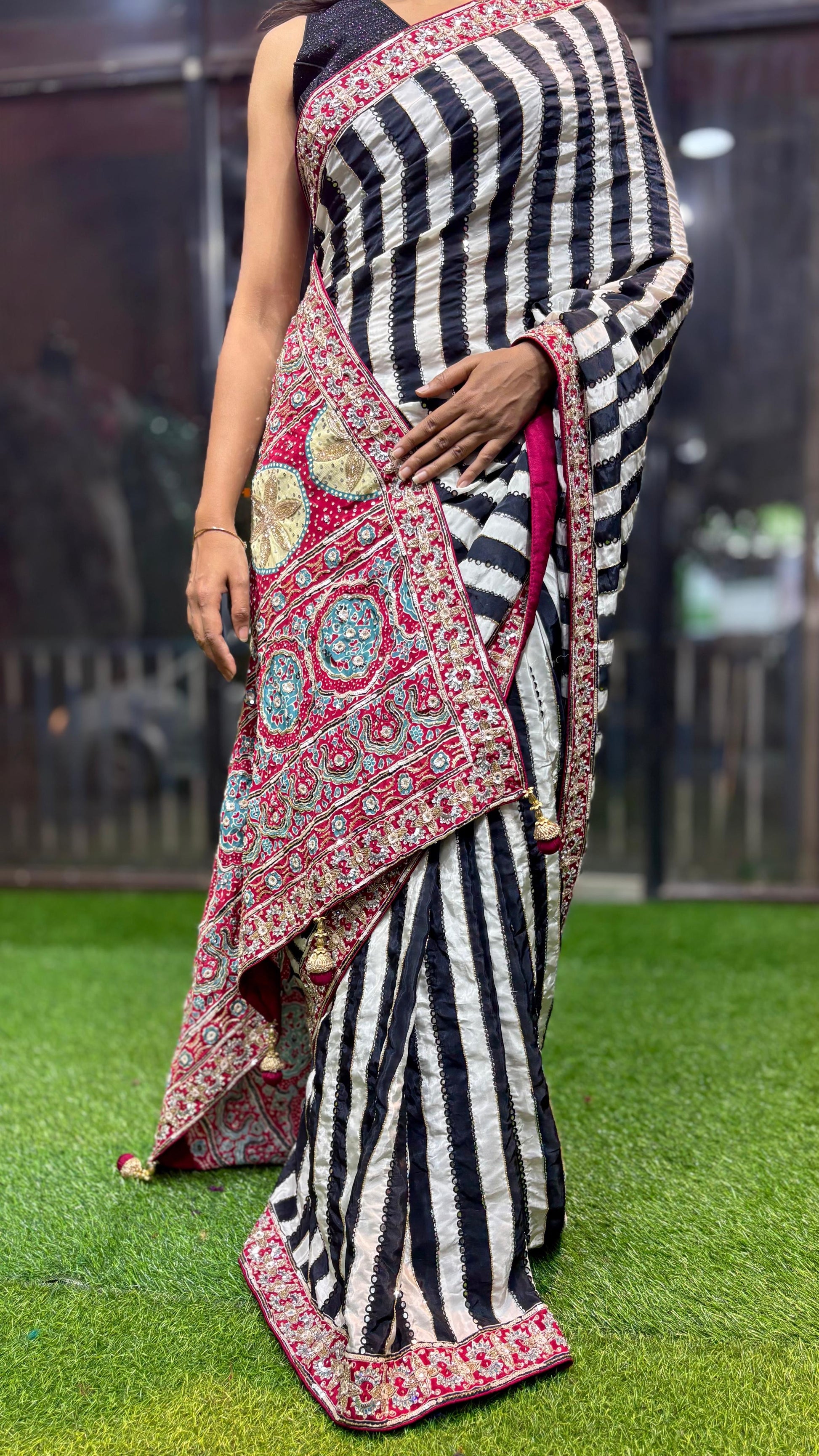 Ajrakh saree hand embroidered saree women sari blouse SaffronFashion