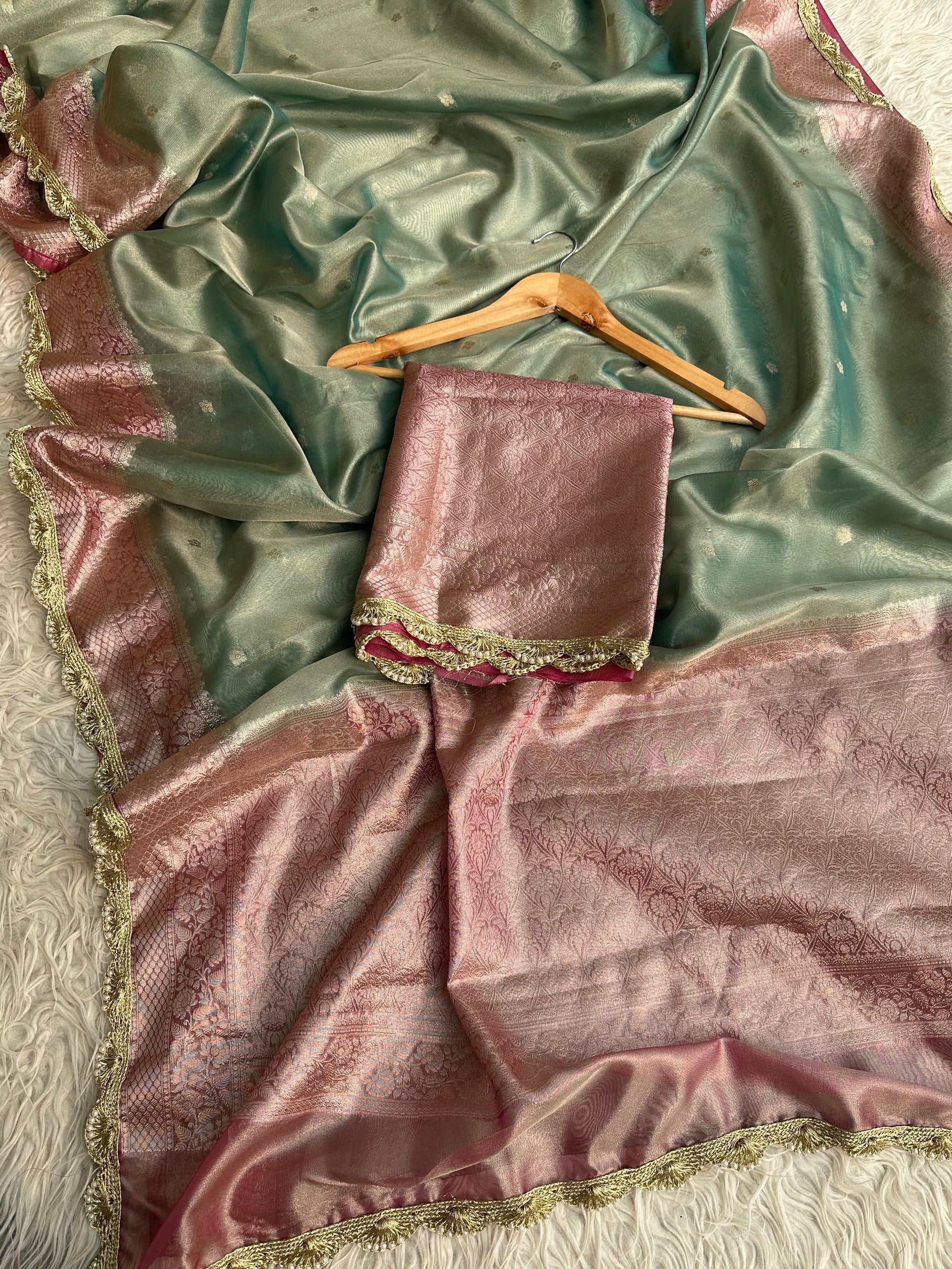 Lamie tissue silk saree Banarsi silk sari blouse Saffronfashionindia
