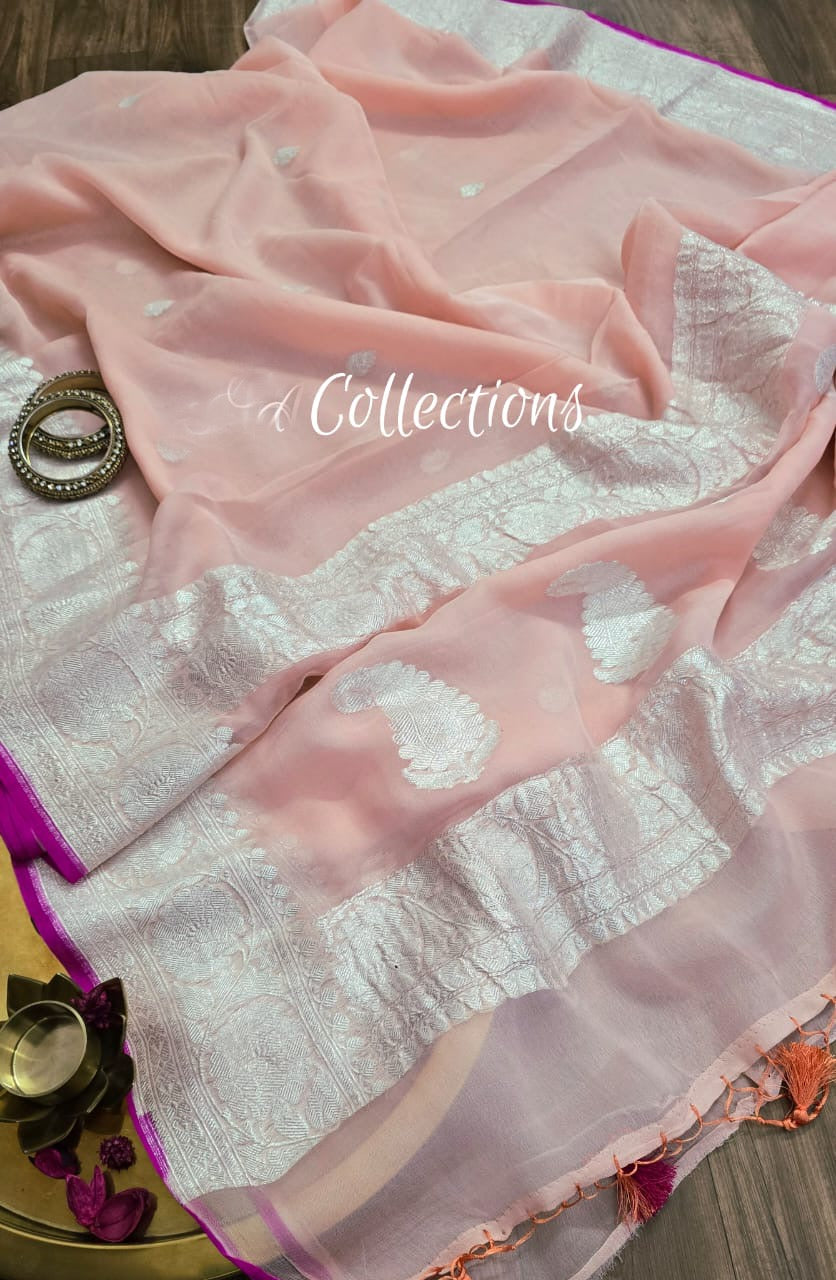 Peach Chiffon saree Banarsi handwoven sarees SaffronFashion