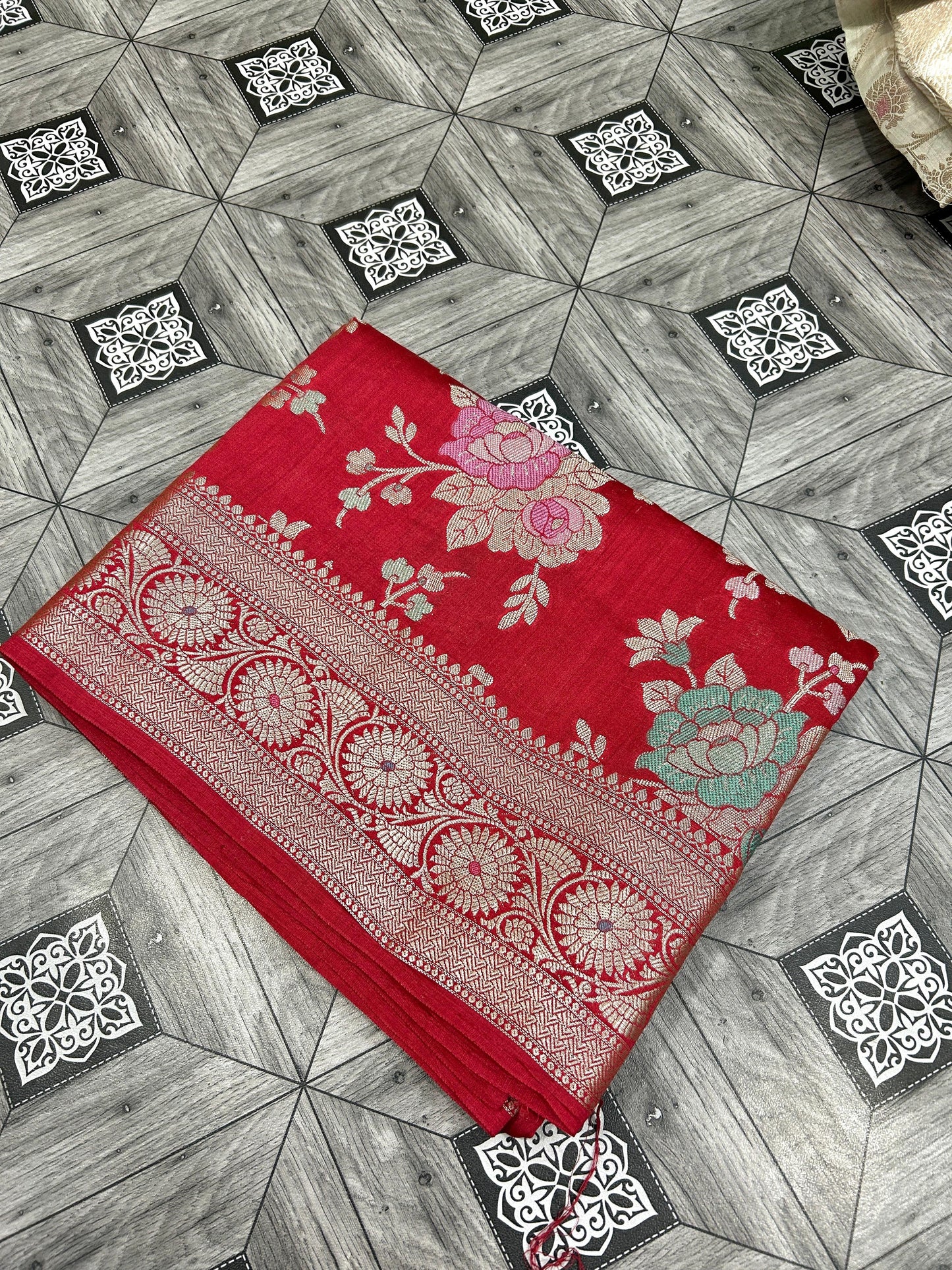 Red floral saree chiniya saree katan silk saree women sari blouse SaffronFashion
