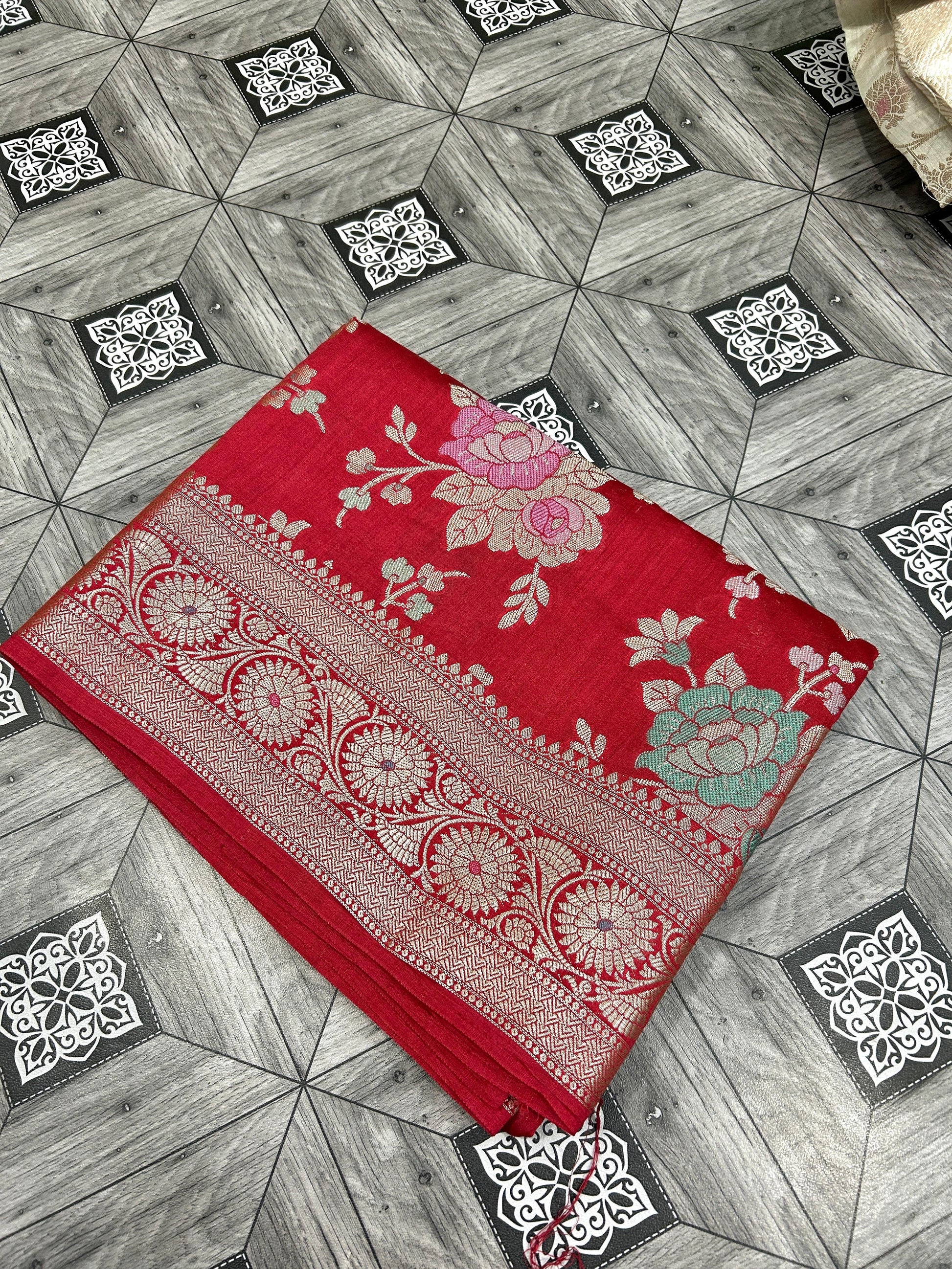 Red floral saree chiniya saree katan silk saree women sari blouse SaffronFashion