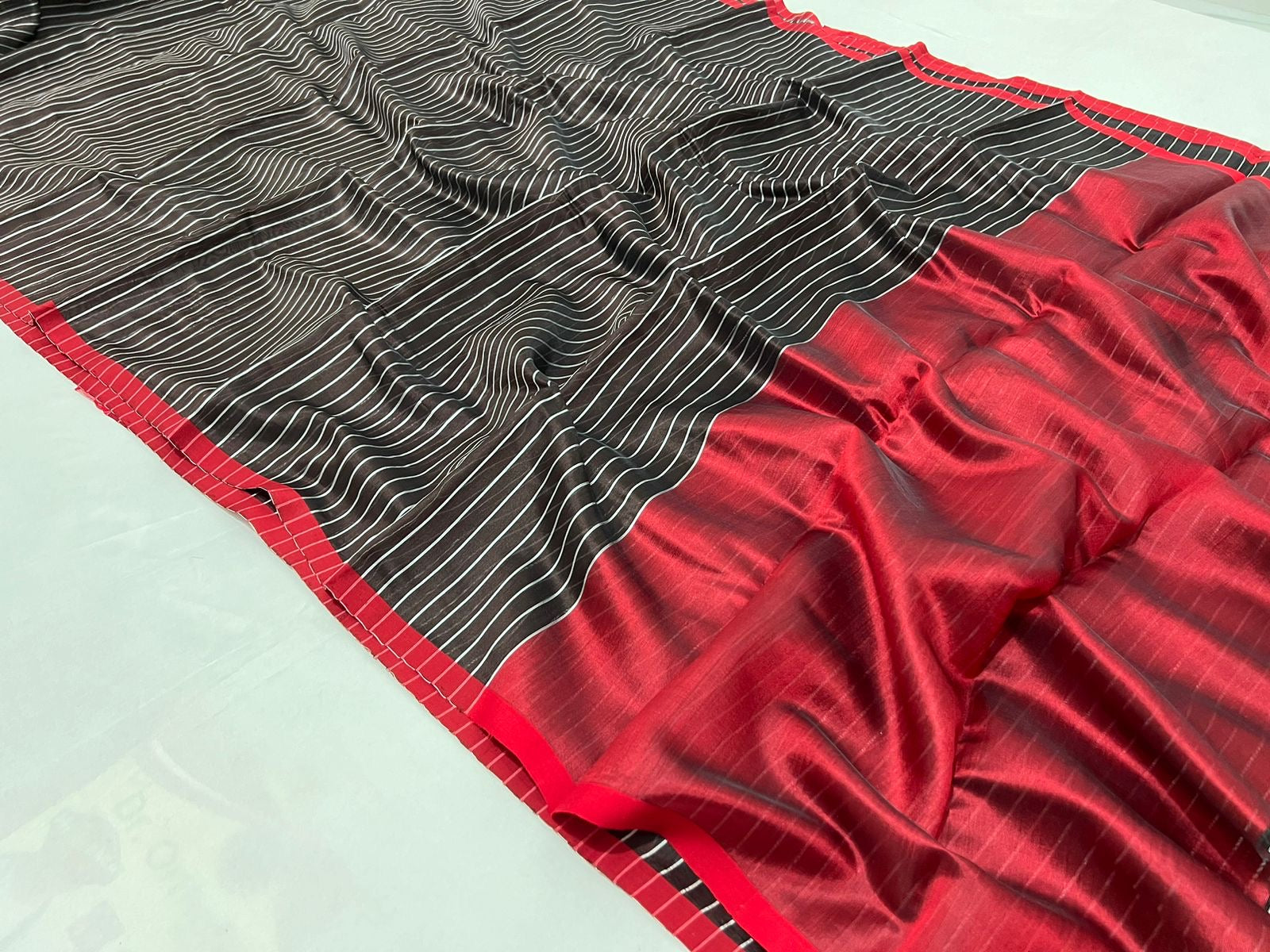 Striped Black red Chanderi saree beautiful sari - Saffronfashionindia