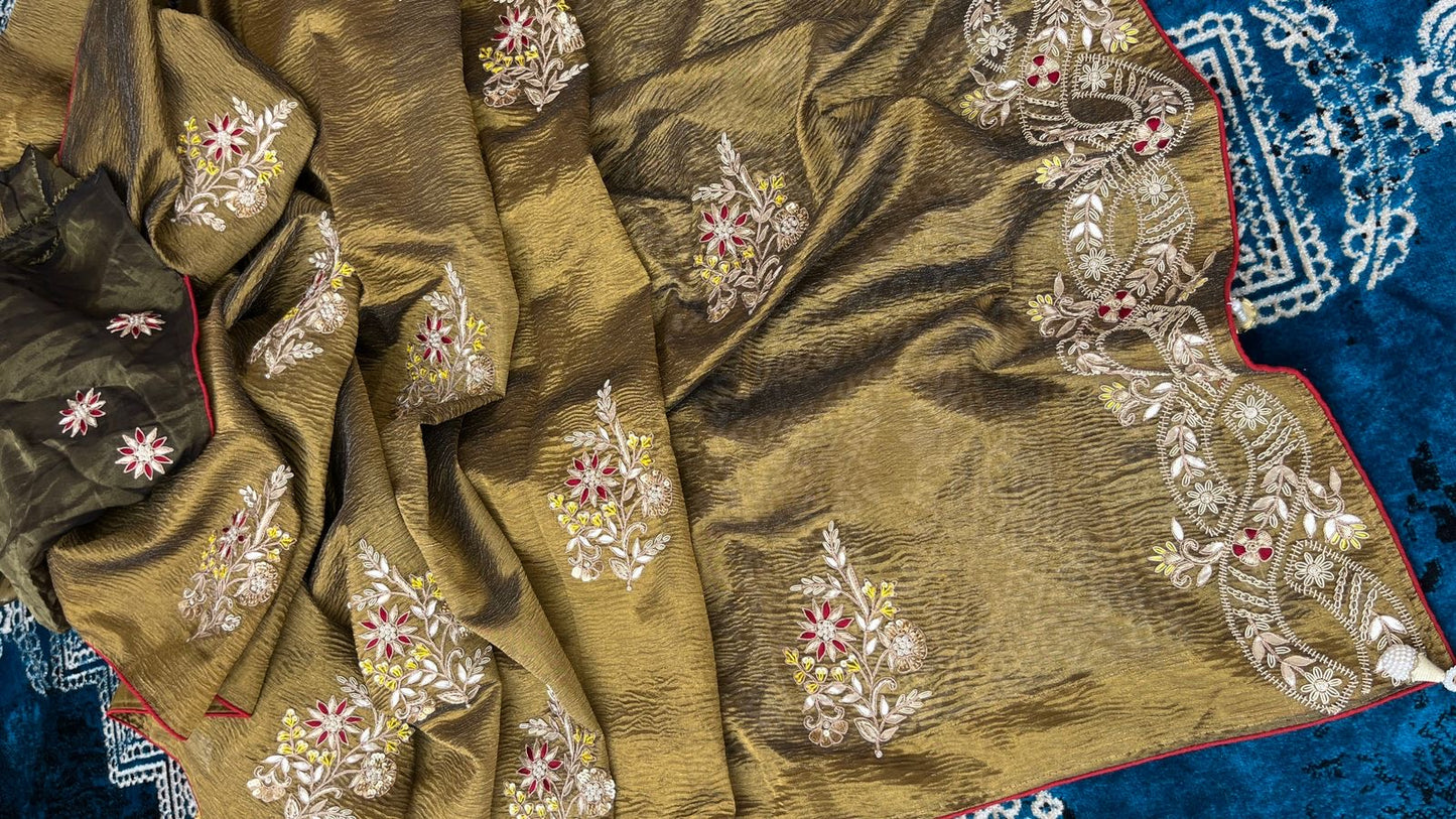 Handwoven Zari Saree Crush Tissue saree Indian sari - Saffronfashionindia
