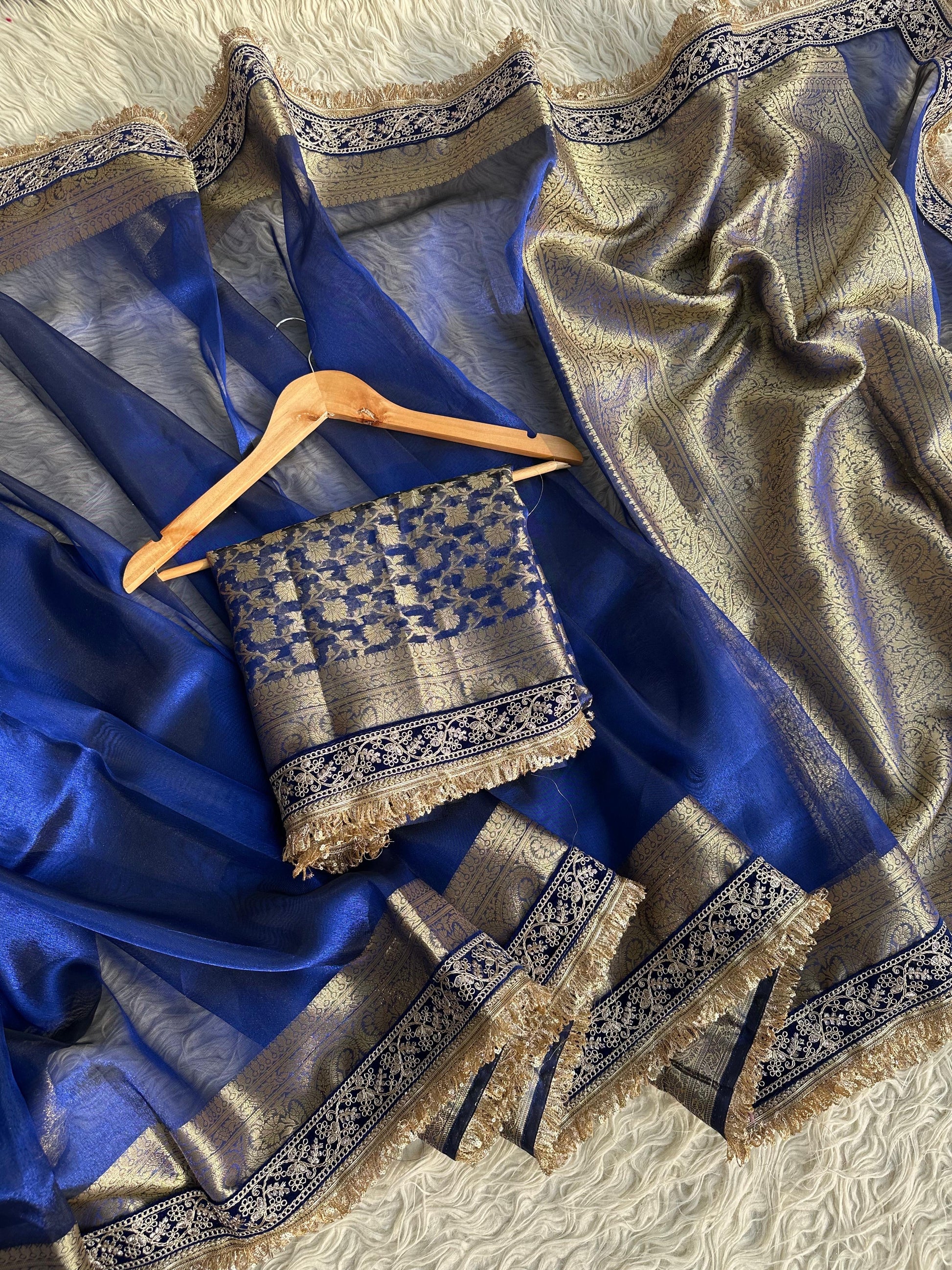 Tissue Jaquard saree party wear women sari blouse SaffronFashion