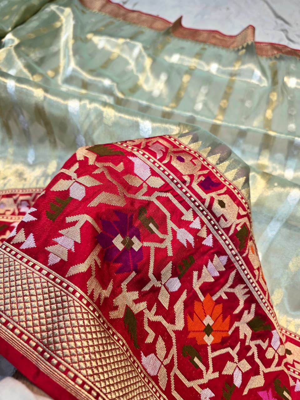 Dhakai Jamdani Paithani saree Banarsi saree handwoven sari blouse SaffronFashion