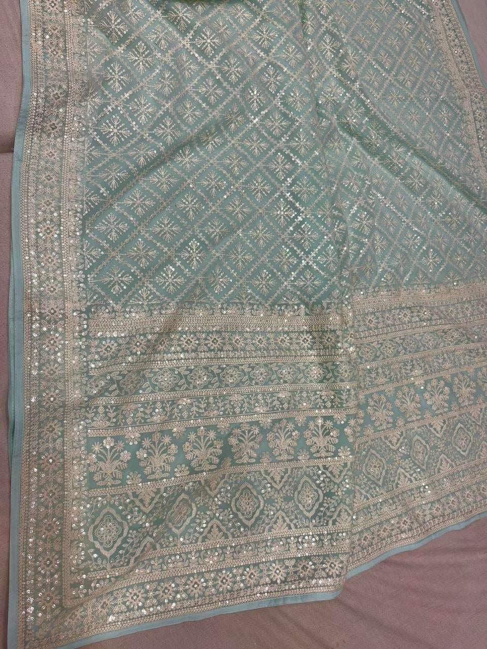 Sequins chikankari saree Indian Gorgette saree - Saffronfashionindia