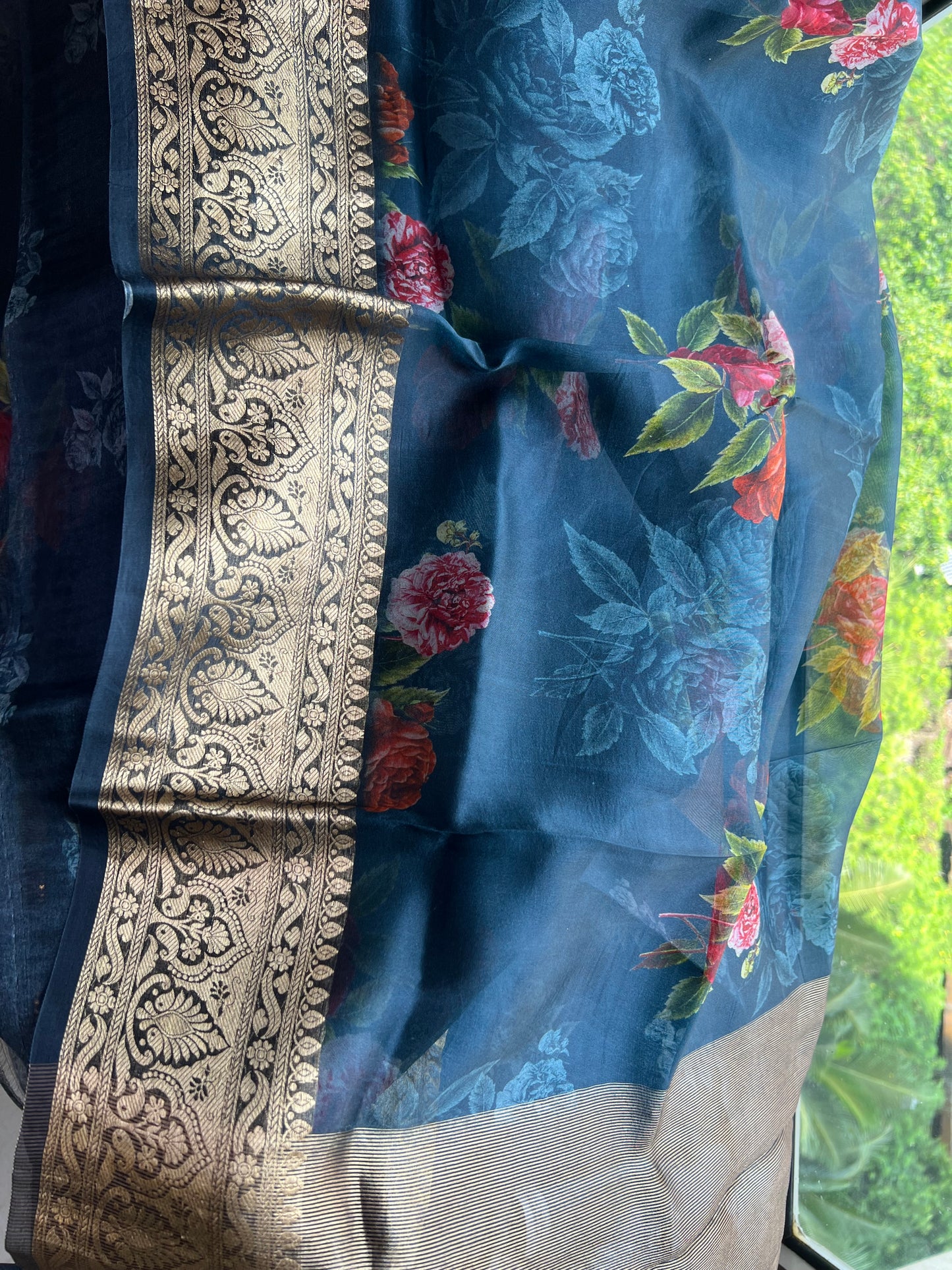 Kivashi Saree organza saree floral saree sabyasachi bordered sari blouse - Saffronfashionindia