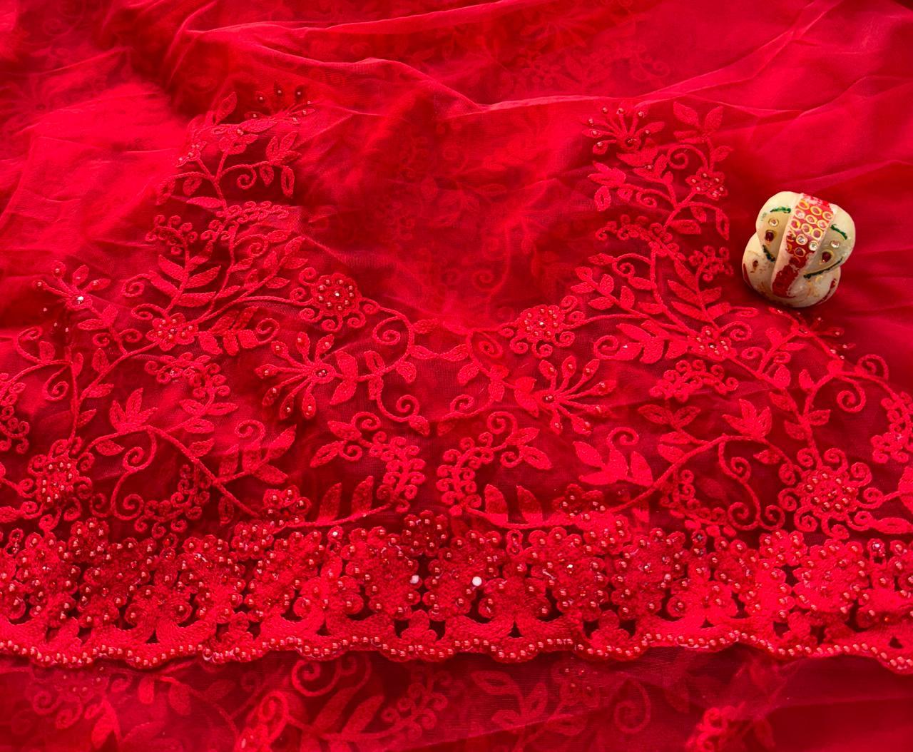 Red hot saree bridal saree netted sarees women sari blouse SaffronFashion